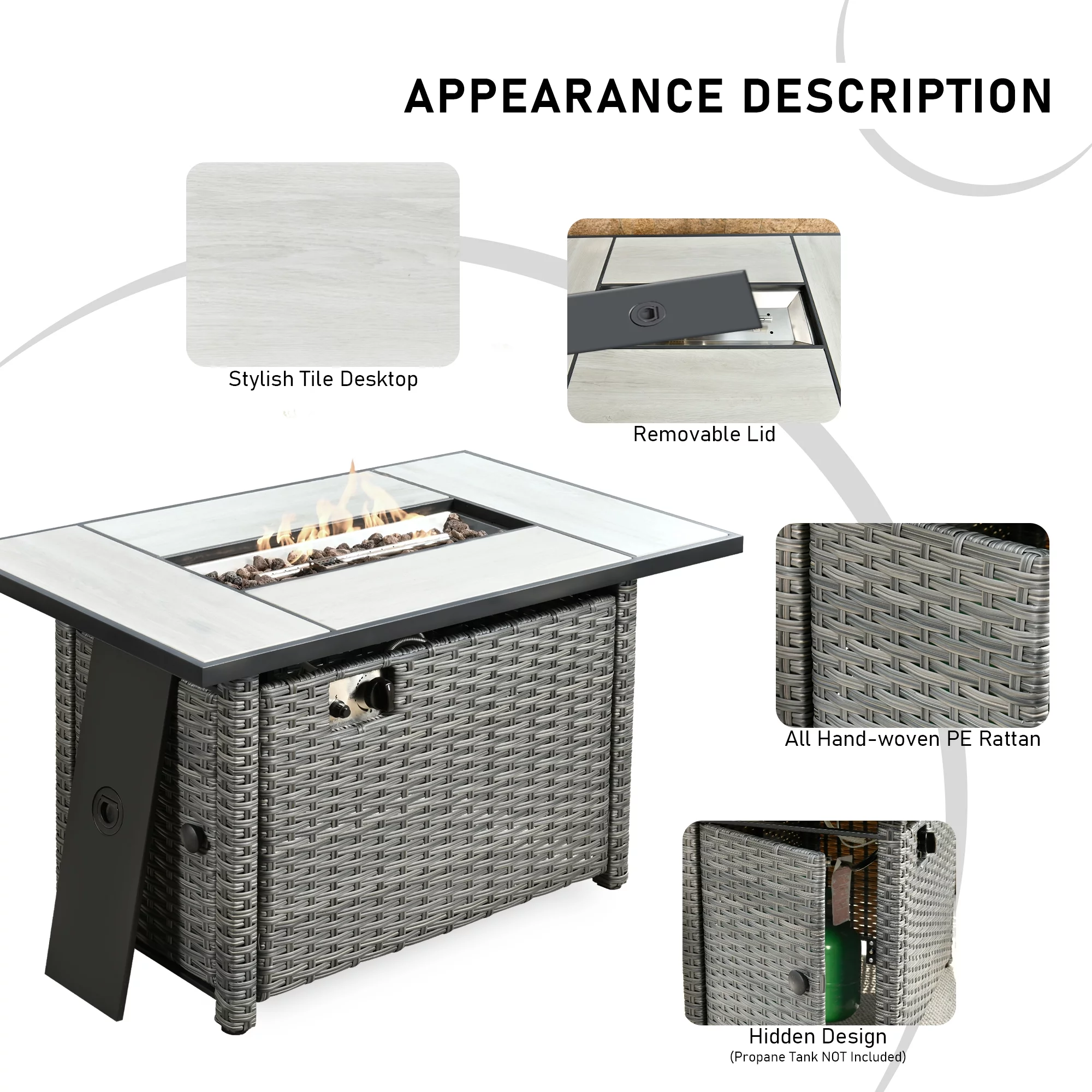 Ovios Outdoor Wicker Propane Fire Pit Table 42-Inch 50,000 BTU Flame Gas Fire Pits for Patio with Waterproof Cover & Lid Rectangle - Womvr