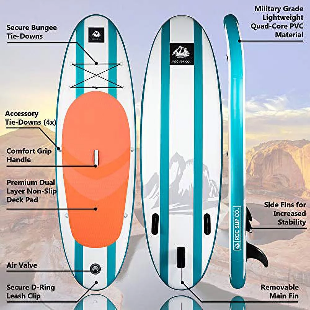 Roc Inflatable Stand Up Paddle Board with Premium sup Accessories & Backpack, Non-Slip Deck, Waterproof Bag, Leash, Paddle and Hand Pump. (Aqua) - Womvr