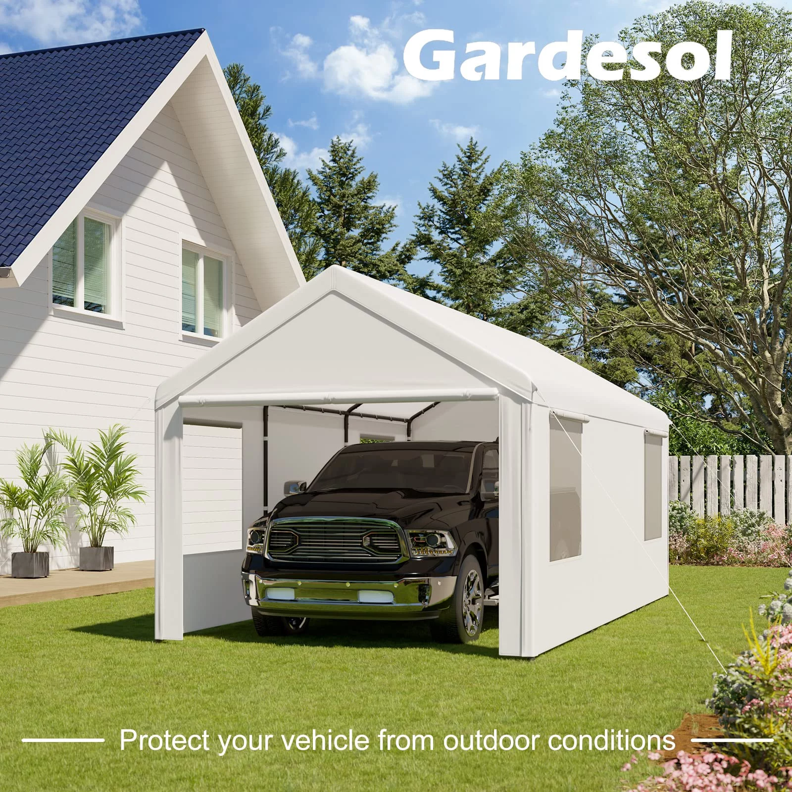 Gardesol Carport, 12'x20' Extra Large Heavy Duty Carport with Removable Sidewalls & Doors, Portable Garage Car Canopy for Car, Truck, SUV, Beige - Womvr