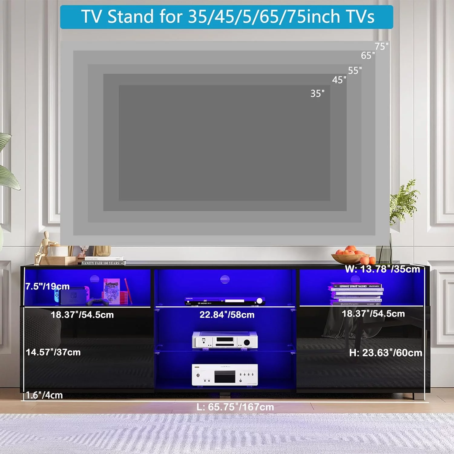 ChVans LED TV Stand for 65/70inch, High Glass Modern Entertainment Center with LED Lights and Glossy Cabinets(Black-65