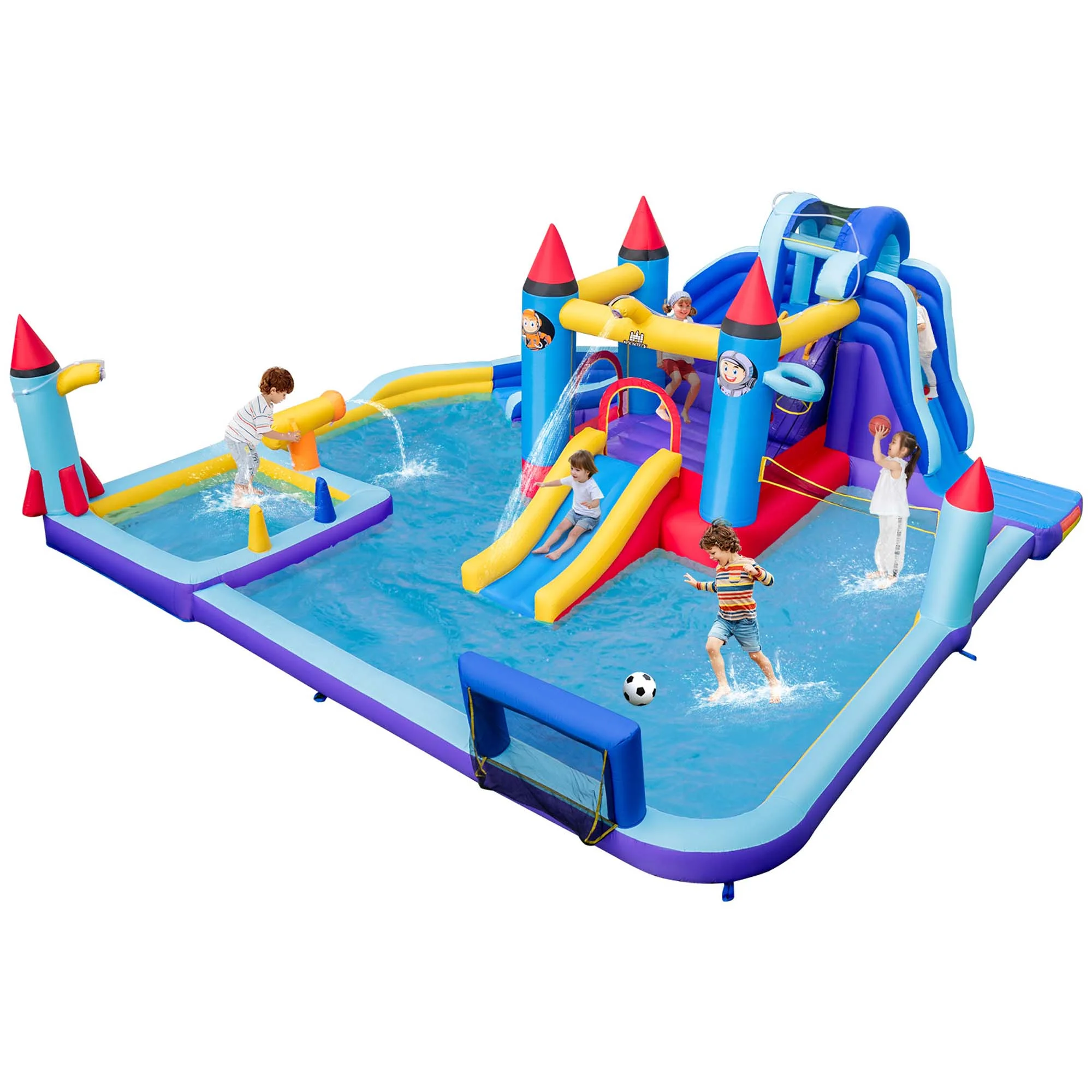 Costway Rocket Theme Inflatable Water Slide Park with 2 Slides Splash Pool without Blower - Womvr