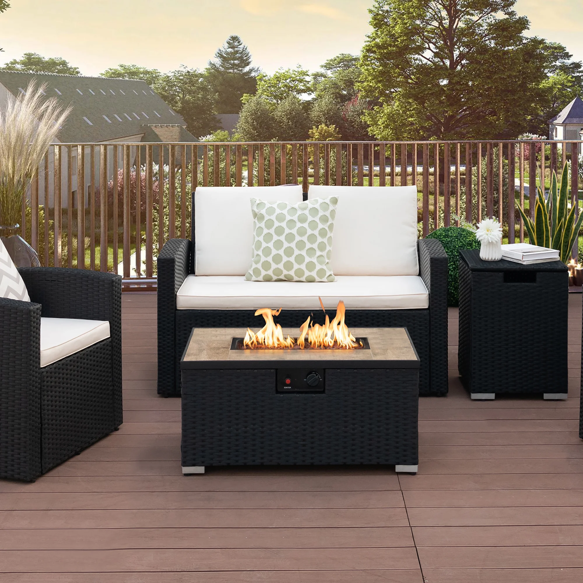 Gymax 32''x 20'' Propane Rattan Fire Pit Table Set w/ Side Table Tank & Cover 40,000 BTU - Womvr