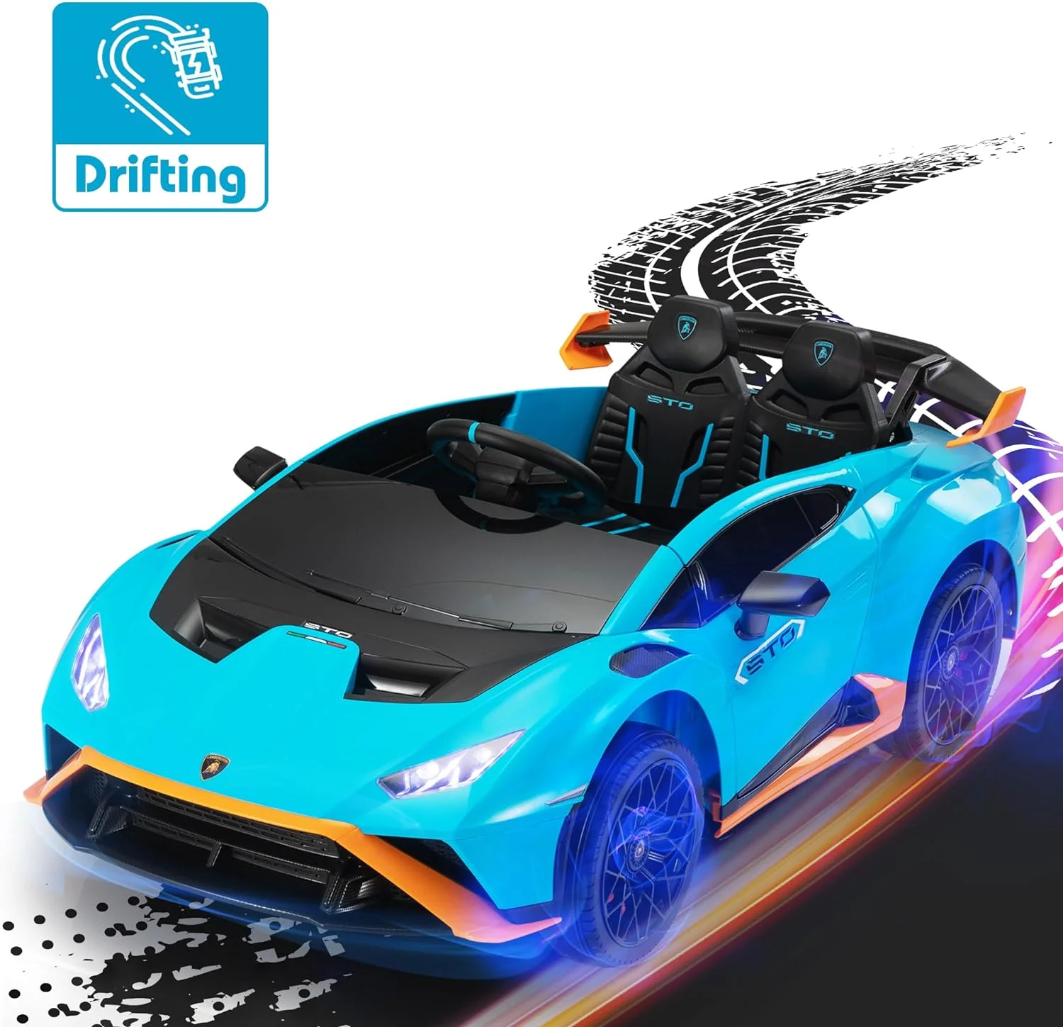 TOBBI 24V Lamborghini STO Licensed Kids Ride on Drift Car Gray Electric Car W/Remote Control LED Lights, up to 10 mph - Womvr