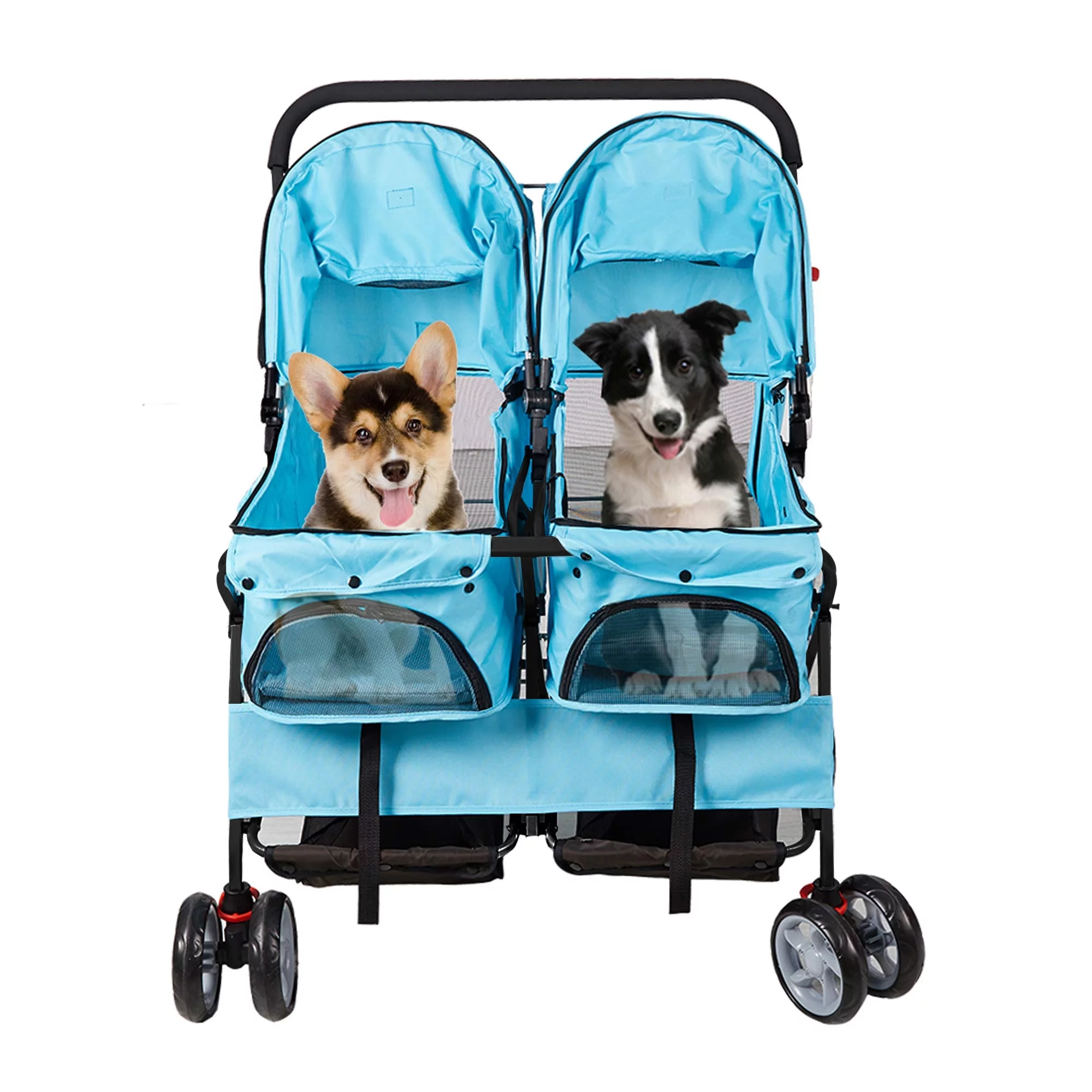 Karmas Product Double Pet Stroller Foldable Doggy Stroller Two-Seater Carrier Strolling Cart for Dog Cat, Blue - Womvr