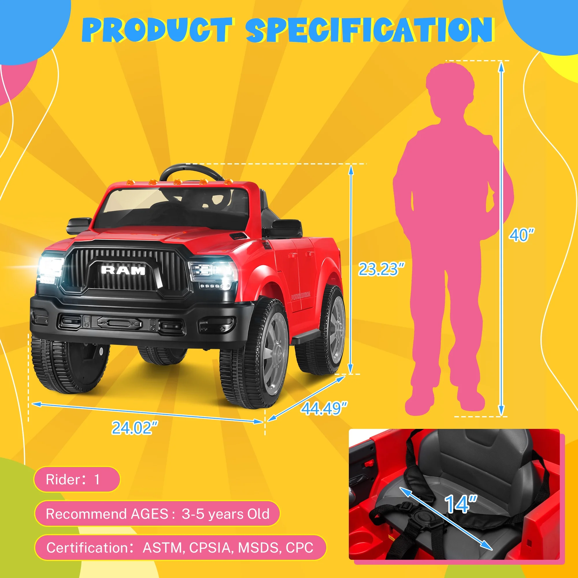 Dodge Ram Ride On Car for Kids, 12V Powered Ride On Truck Cars with Parents Remote Control,Dodge Electric Ride On Car for Boys Girls 3-5, Red - Womvr
