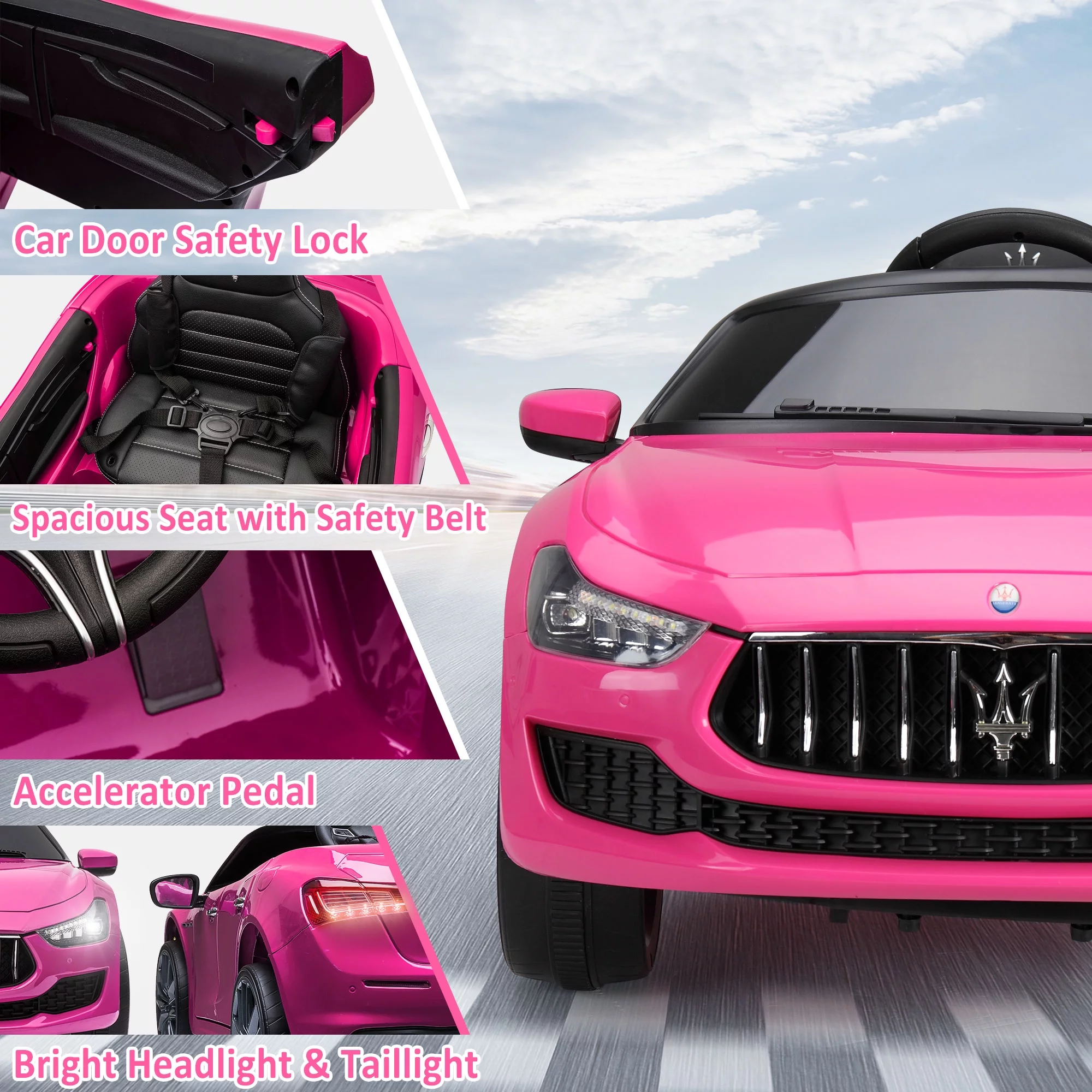 12V Maserati Licensed Kids Ride on Car Battery Powered Toy Car W/ Remote Control LED MP3 USB, Pink - Womvr