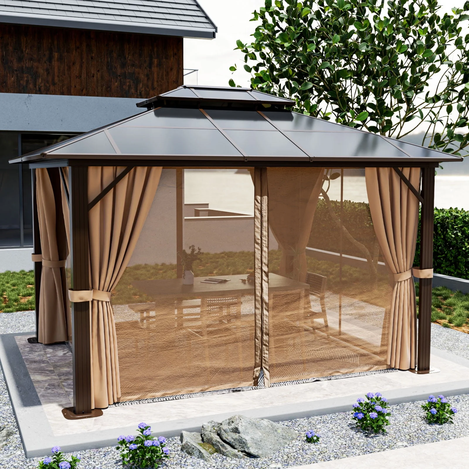 Aoxun 10 ft. x 12 ft. Hardtop Gazebo, Double Polycarbonate Roof Aluminum Frame Gazebo W/Curtain and Netting, Brown - Womvr