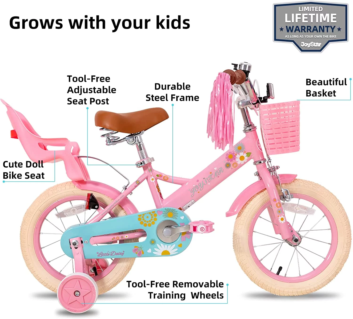 JOYSTAR Little Daisy 12 Inch Kids Bike for 2 3 4 Years Girls with Training Wheels Princess Kids Bicycle with Basket Bike Streamers Toddler Cycle Bikes Pink - Womvr