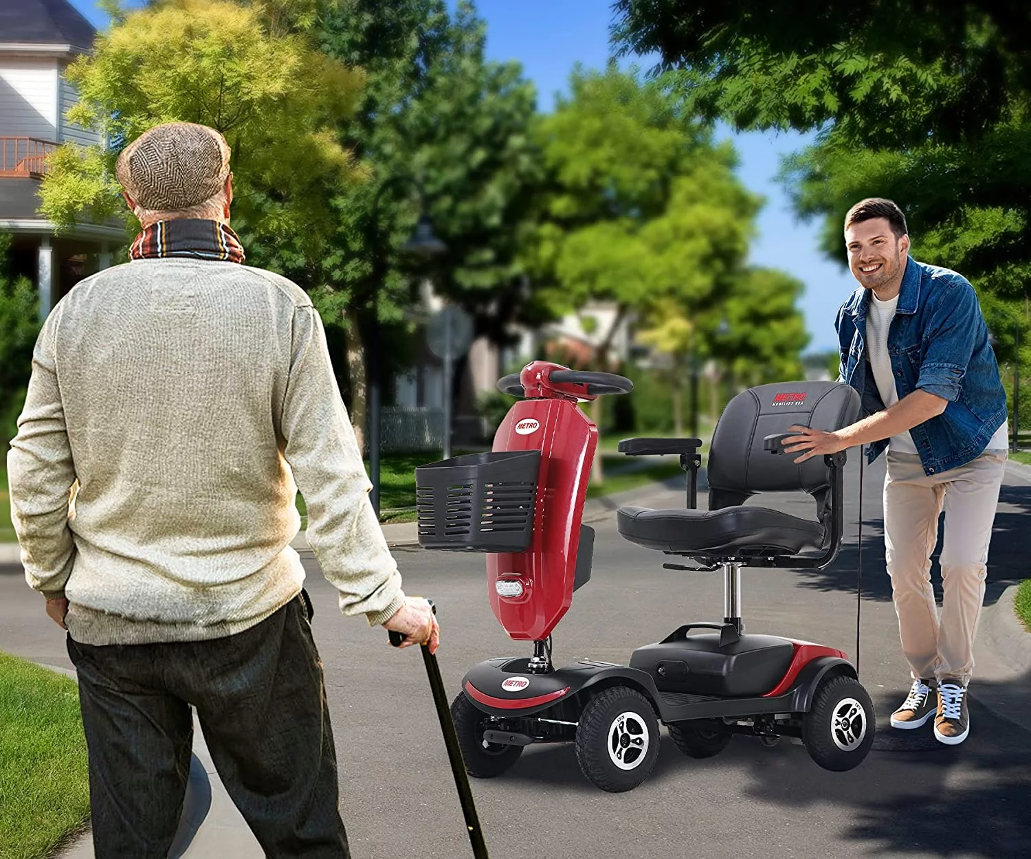 Folding 4 Wheels Mobility Scooter with USB Charging Port, Windshield, LED Head and Rear Light - Red - Womvr