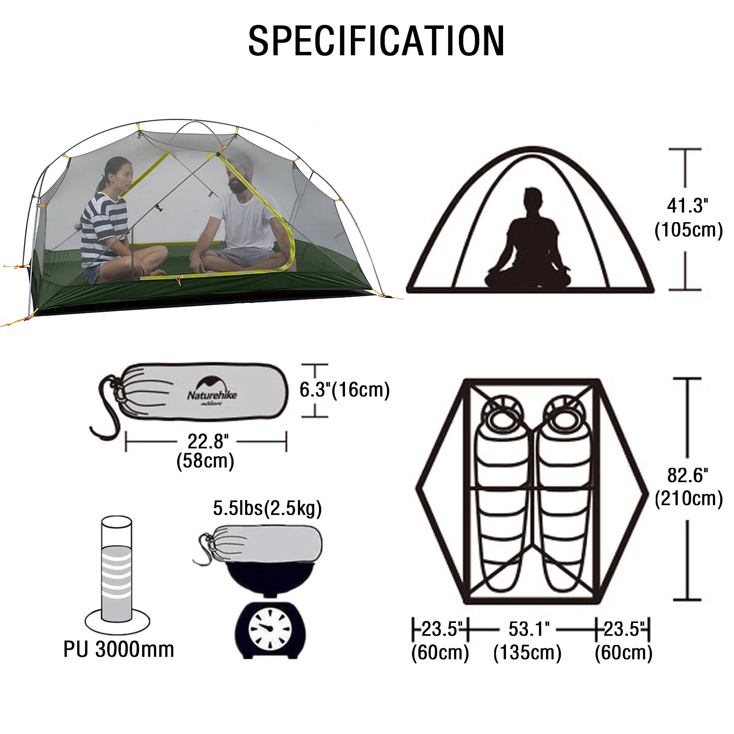 Naturehike Mongar Backpacking Camping Tent 2 Person Lightweight Waterproof with Footprint - Womvr