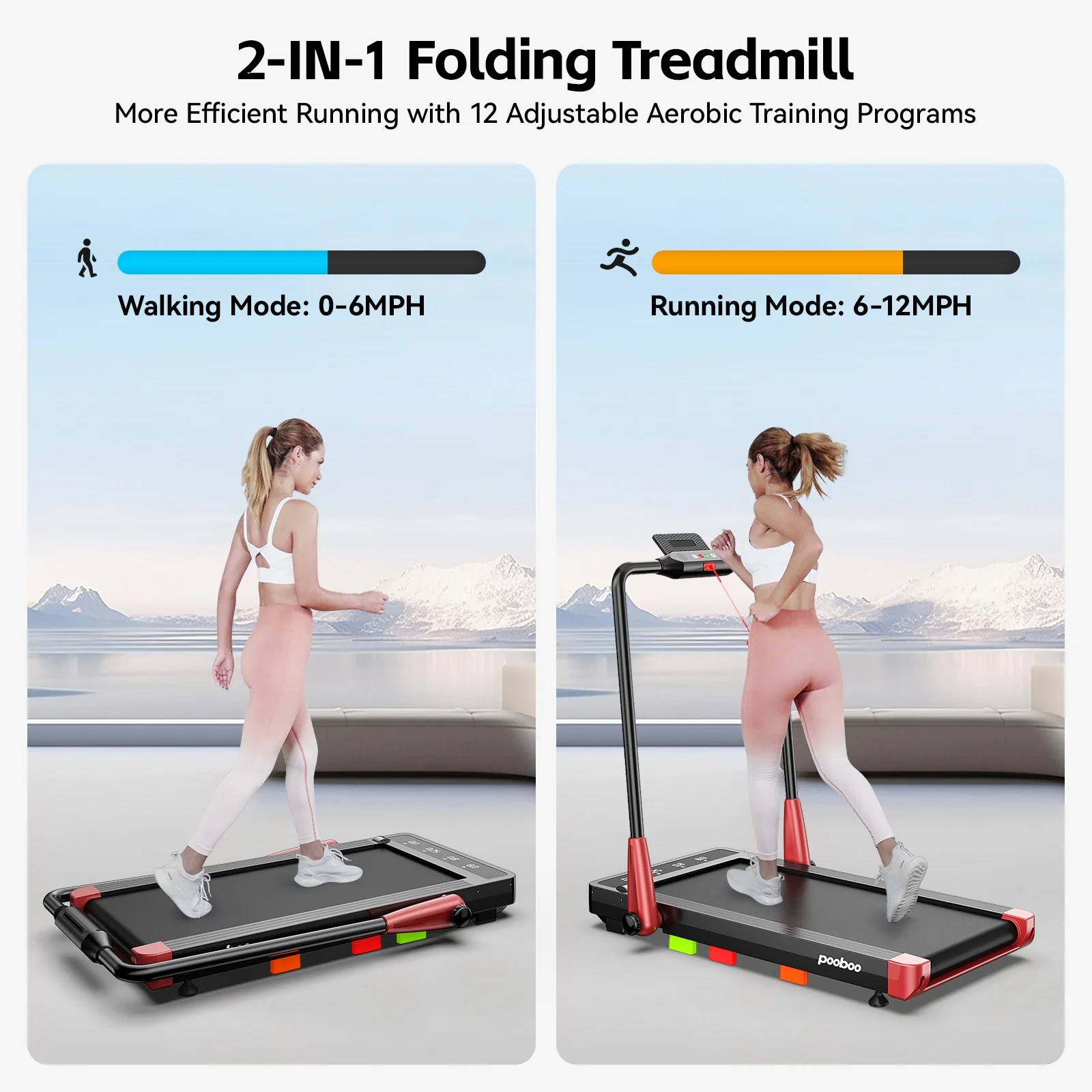 Pooboo 2.5 HP Under Desk Treadmill 2 in 1 Folding Treadmill Brush-less Walking Jogging Machine with App & Remote Control Led Touch Screen Walking Pad for Office Home Use 265lbs - Womvr