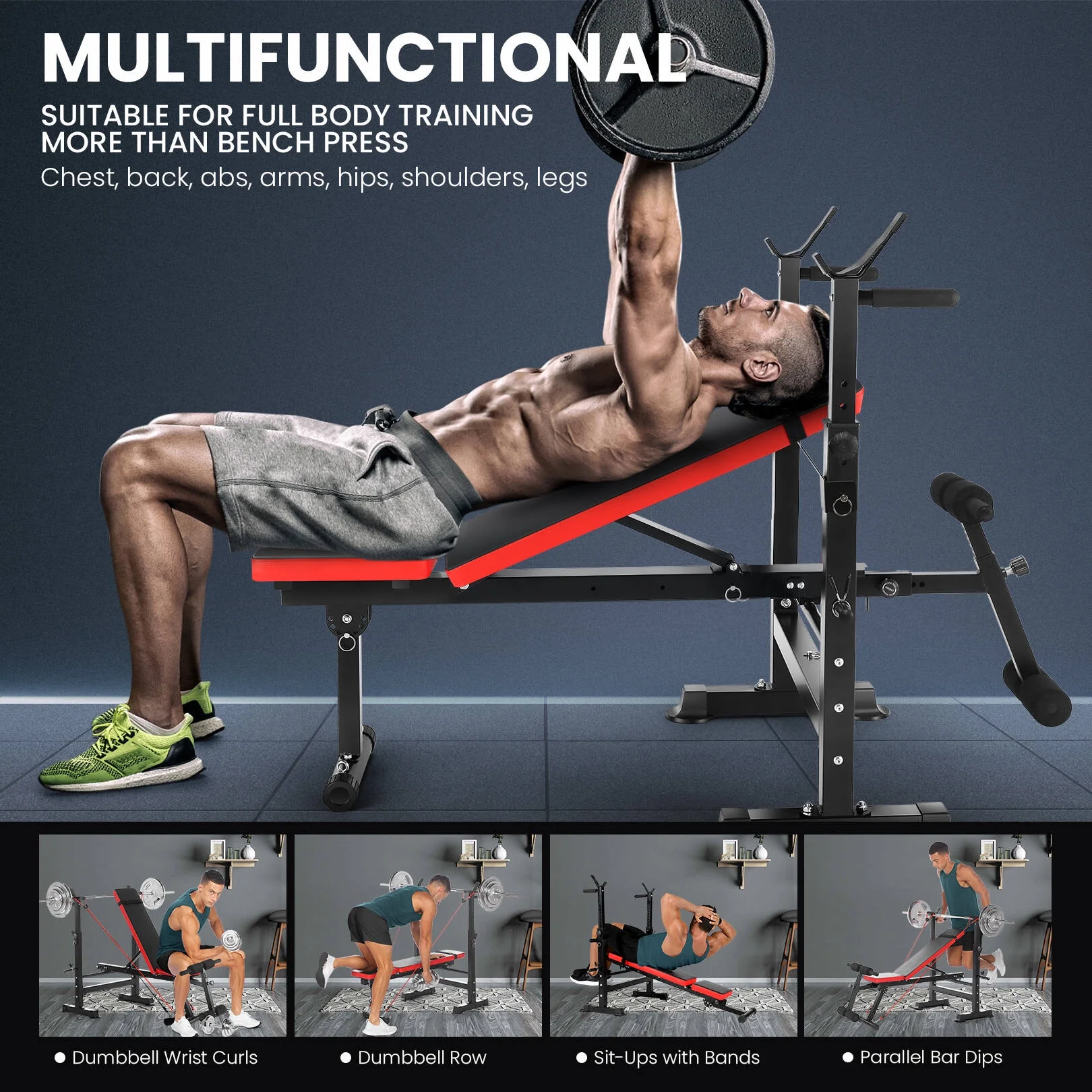 VIBESPARK Adjustable Weight Bench Set 6 in 1 Bench Press Workout Bench with Barbell Rack Removable Foot Bracket, Pairs of Resistance Bands for Home Gym Training - Womvr