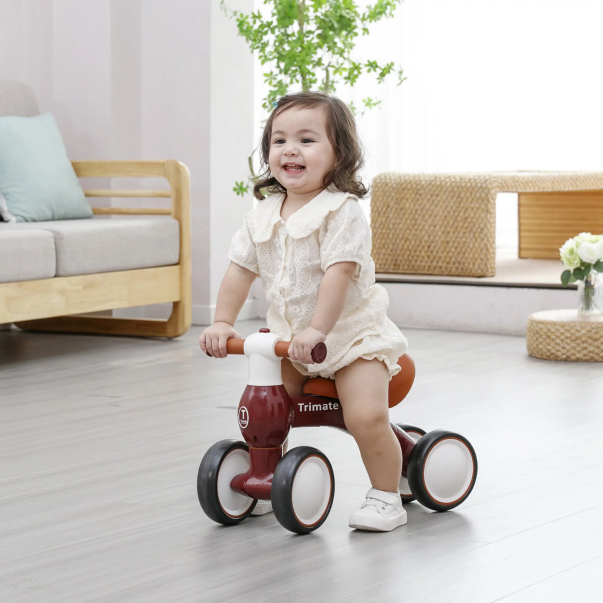 Trimate Baby Walker Balance Bike, Wine Red - Perfect Ride-On Toy for 1-Year-Olds, with 4 Wheels, Ideal for Boys and Girls (12-24 Months) - Womvr