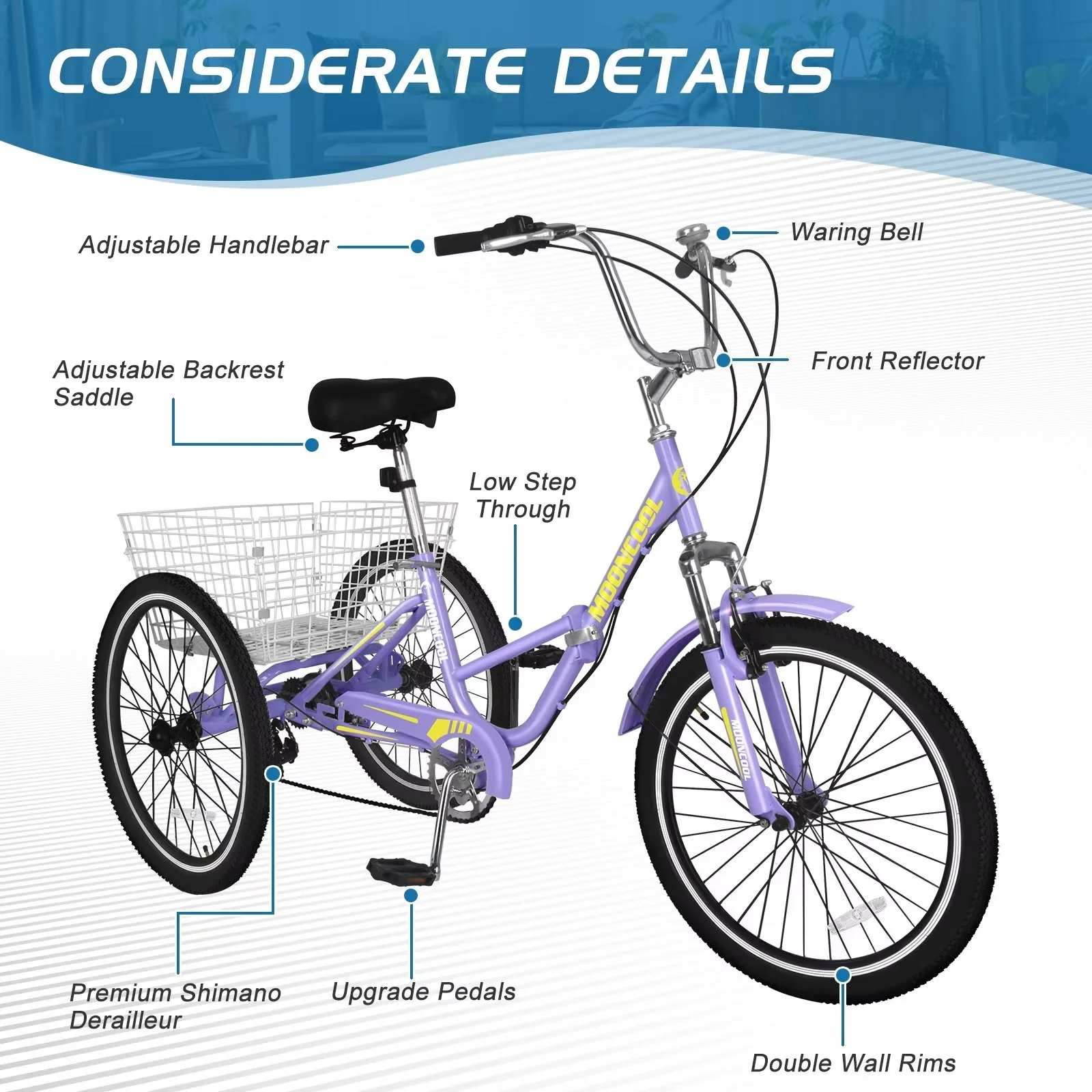 MOPHOTO 20/24/26 inch Adult Tricycle Folding 3 Wheel Cruiser Bikes 7 Speed, Portable and Foldable Trikes with Cargo Basket for Men & Women Outdoor Cycling, Purple - Womvr