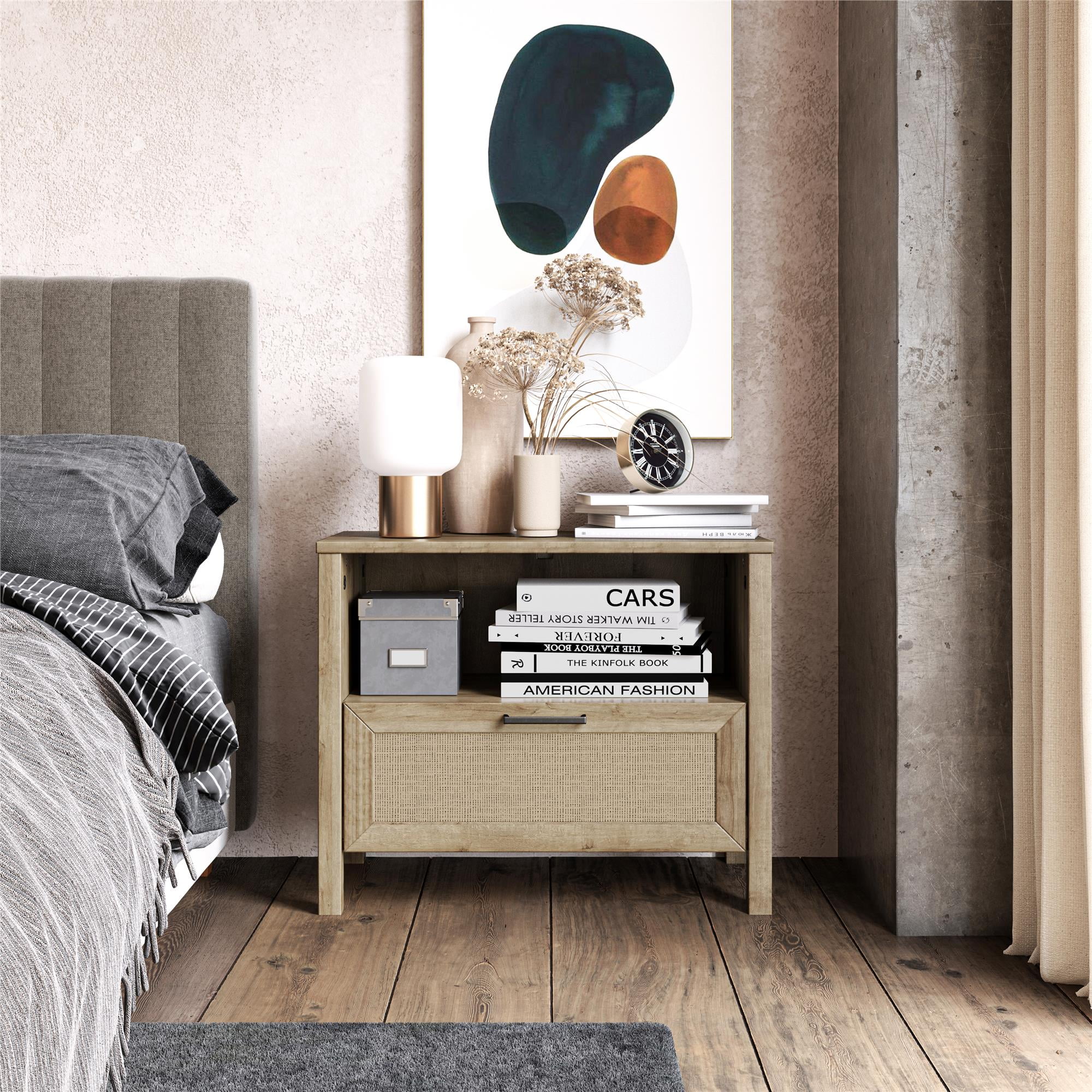 Novogratz Shay 1-Drawer Nightstand, Natural with Faux Rattan - Womvr