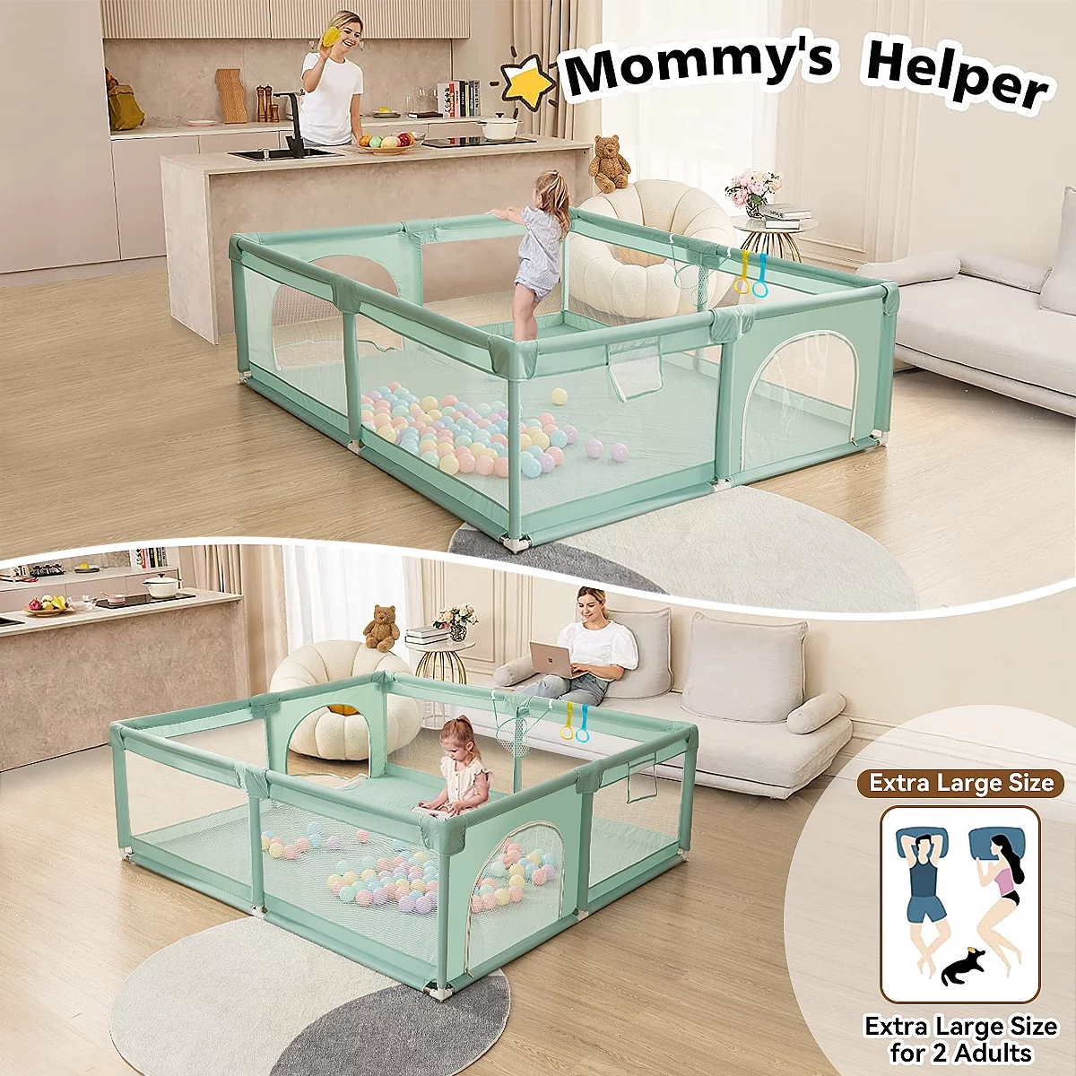 Baby Playpen, 63x63'' Large Baby Playard, Infant Activity Center with Anti-Slip Base, Gray - Womvr