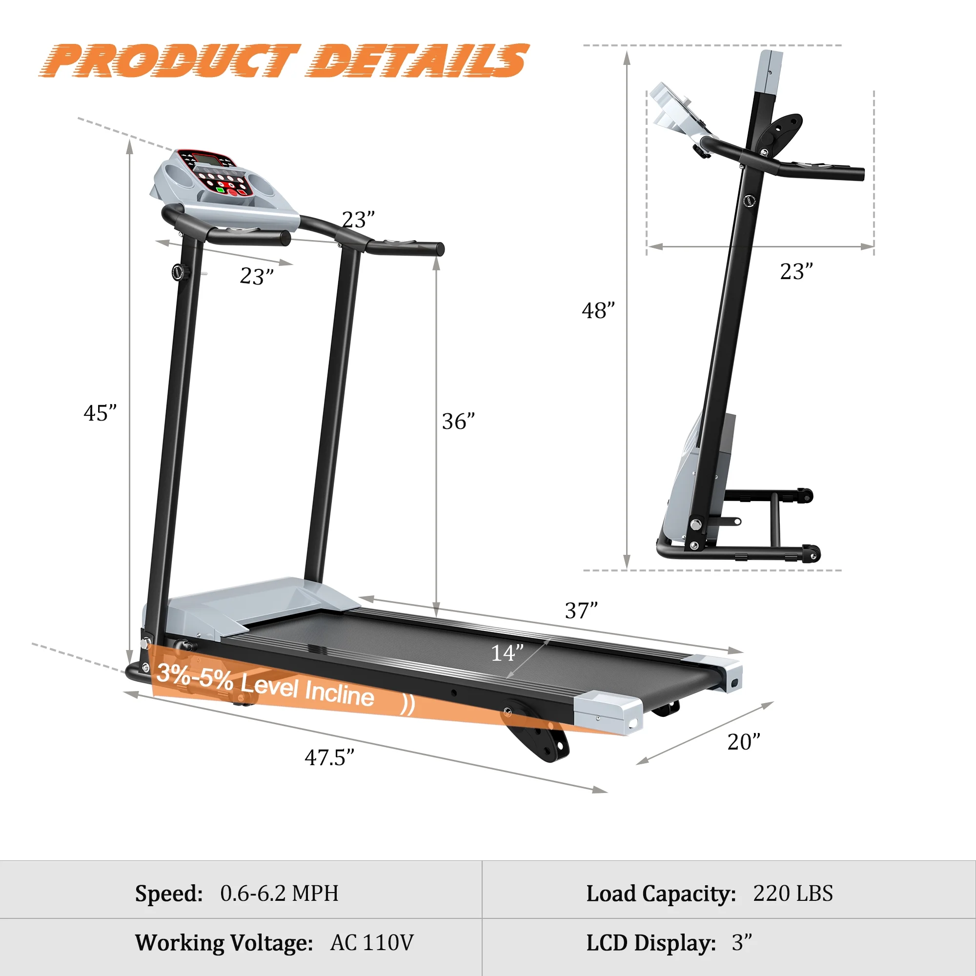 Jaxpety 2.0 HP Portable Folding Electric Treadmill 3 Incline Running Machine with LCD Display, Ipad and Drink Holder - Womvr