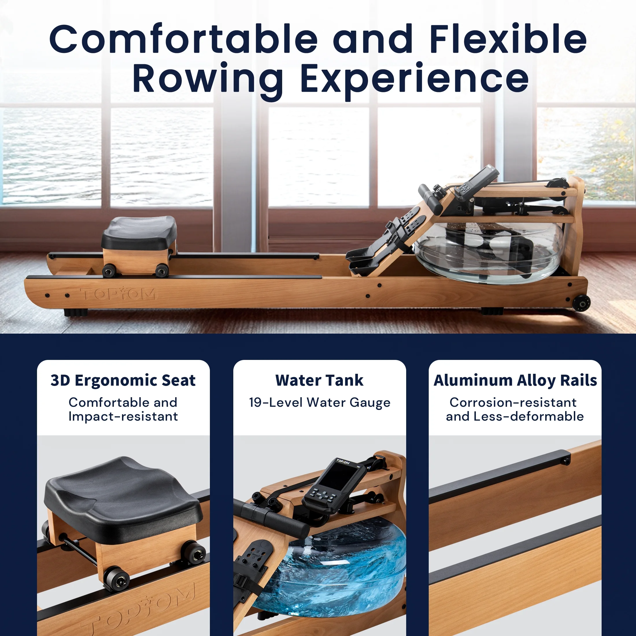 Topiom Water Rowing Machine with TM-3 Performance Monitor Bluetooth Connected 400 lbs Max Load - Womvr