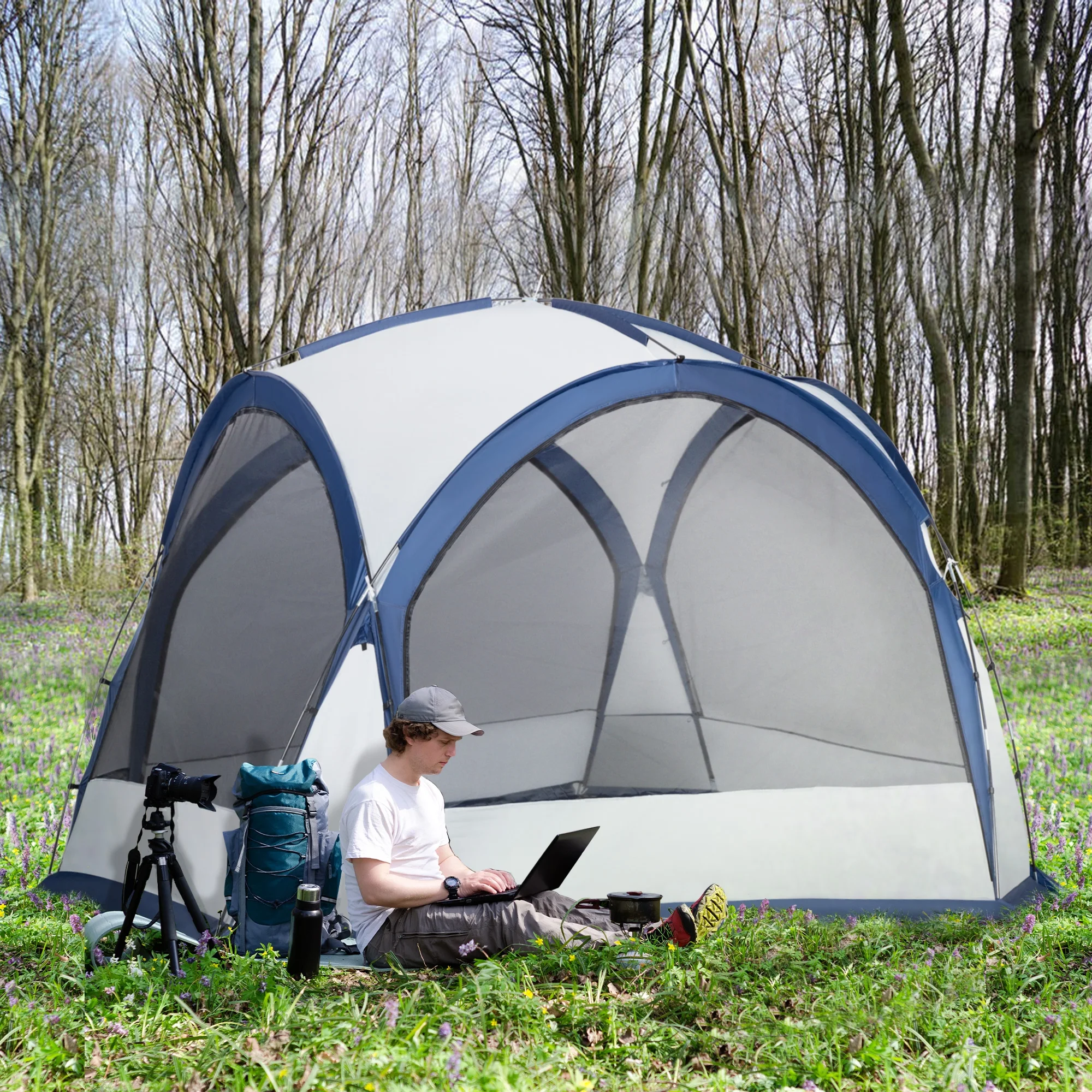 Outsunny Dome Tent for 6a??8 Persons, Camping Tent with 4 Zipped Mesh Doors, Lamp Hook, Portable Carry Bag, Screen Shelter Gazebos with 2 Pc Removal Wind/Sun Panel, White - Womvr