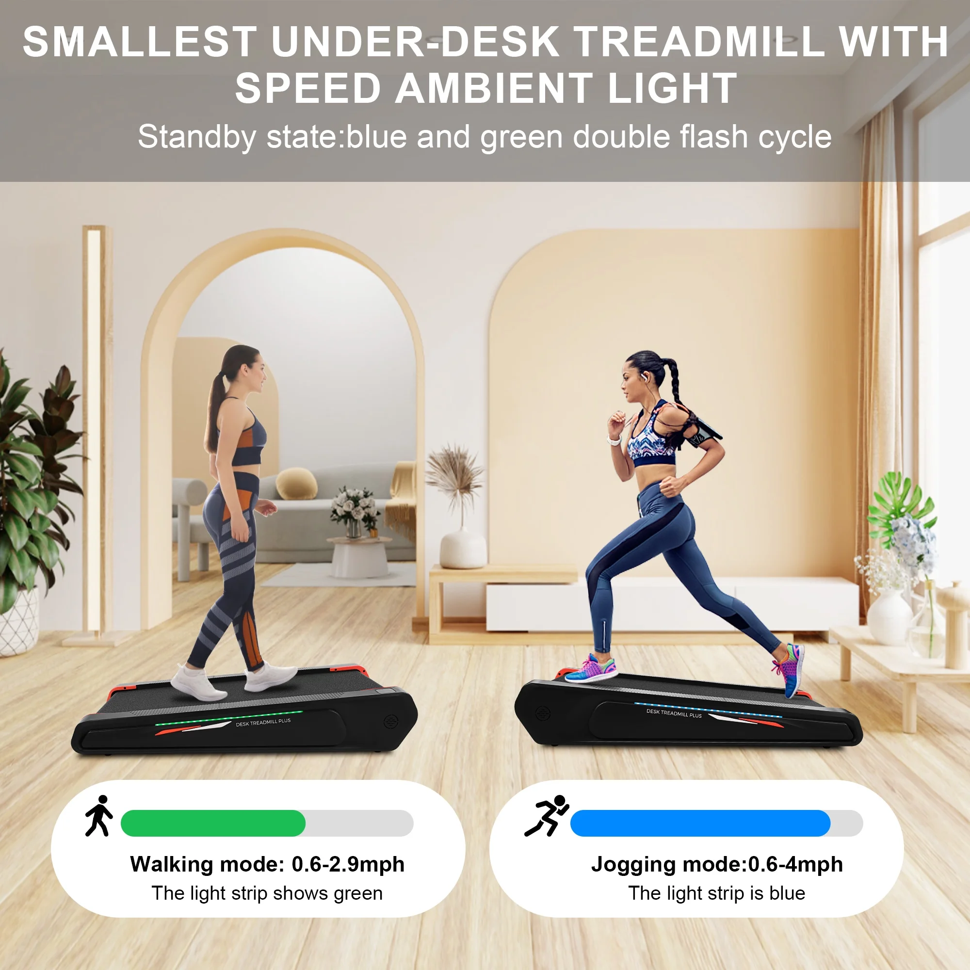Tikmboex Walking Pad Treadmill with 5% Incline, 2.5HP Under Desk Treadmil with Remote and Unique Lamp Strip Design for Walking Running, Black & Blue 300 Lbs Capacity - Womvr