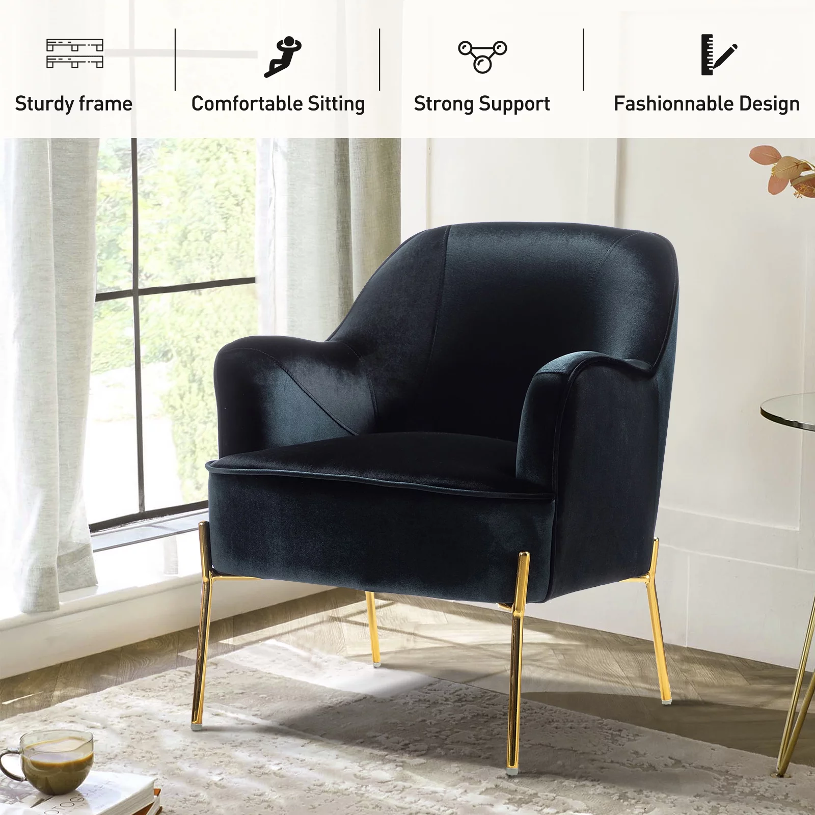 Velvet Upholstered Accent Chair Metal Legs Curved Backrest Lounge Home Armchair Bedroom Adult Pink - Womvr