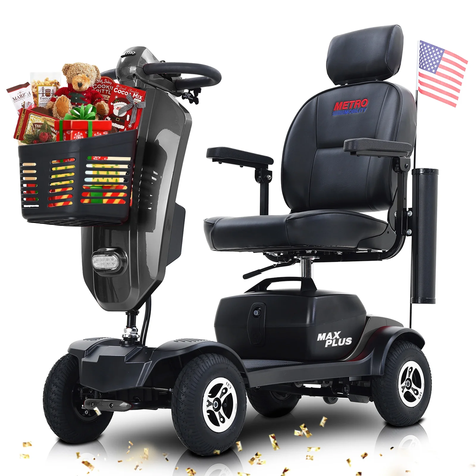 4 Wheels Mobility Scooter Grey LED Lights USB Port Extra Long Range for Seniors Adults - Womvr