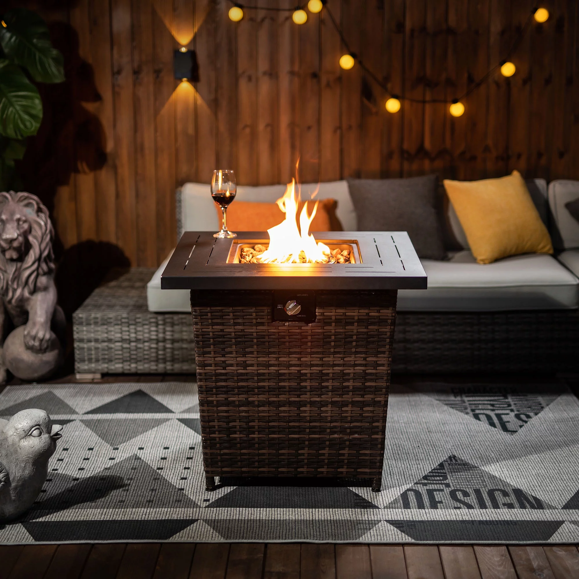 43.3 inch Gas Fire Pit Table, SYNGAR 2-in-1 50,000 BTU Propane Gas Fire Pit Table, Outdoor Propane Fire Pit with Glass Wind Guard, Blue Rocks and Lid, for Patio, Backyard, Garden, Poolside, D4620 - Womvr