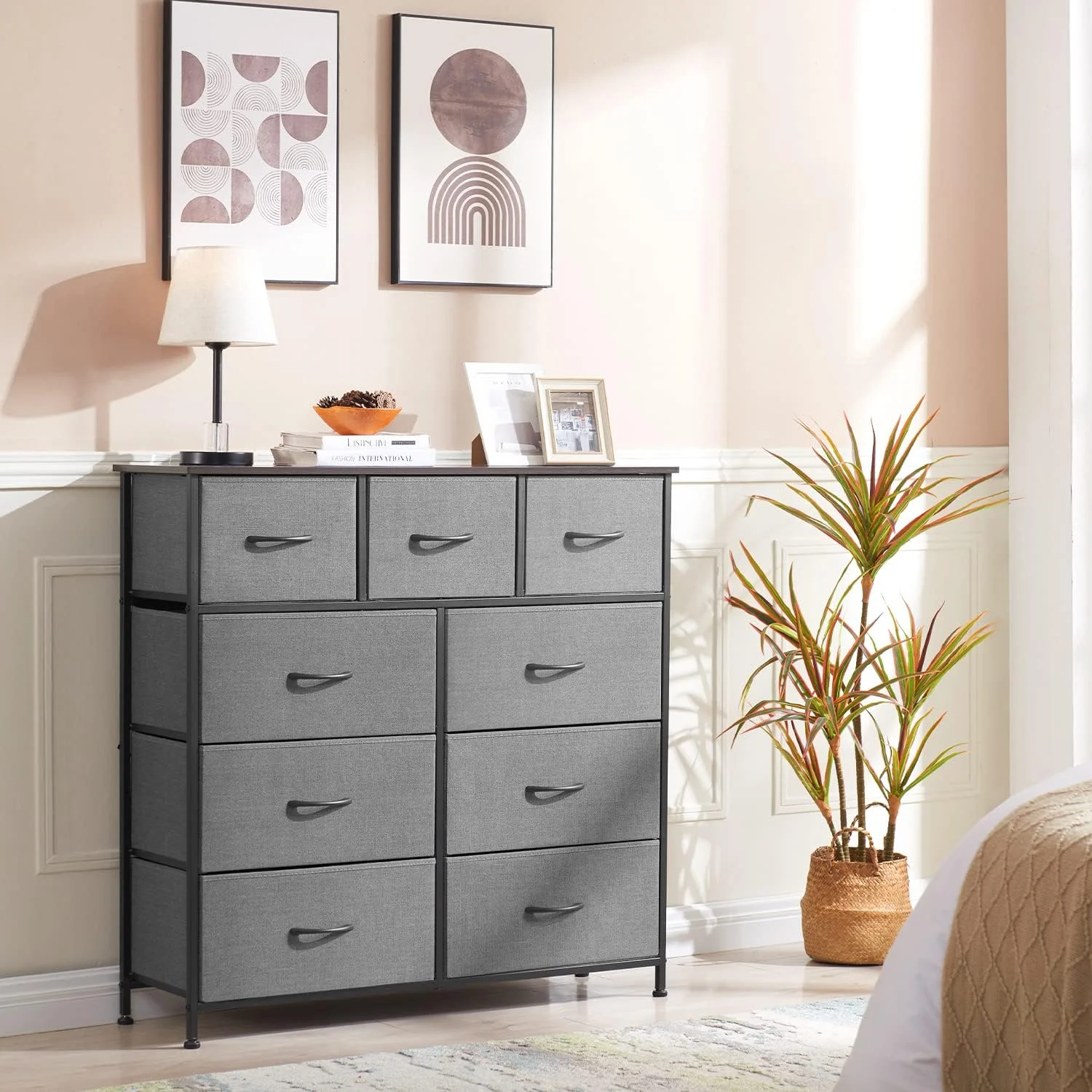 Somdot Dresser, 9-Drawer Fabric Storage Tower for Bedroom, Nursery, Entryway, Closets, Tall Chest Organizer Unit with Large Capacity Fabric Bins - Womvr