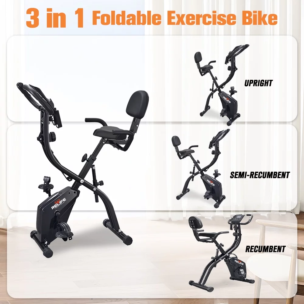Relife Folding Exercise Bikes 3-in-1 x-Bike Indoor Portable Exercise Bikes, Foldable Stationary Bike with Arm Resistance Band, 53