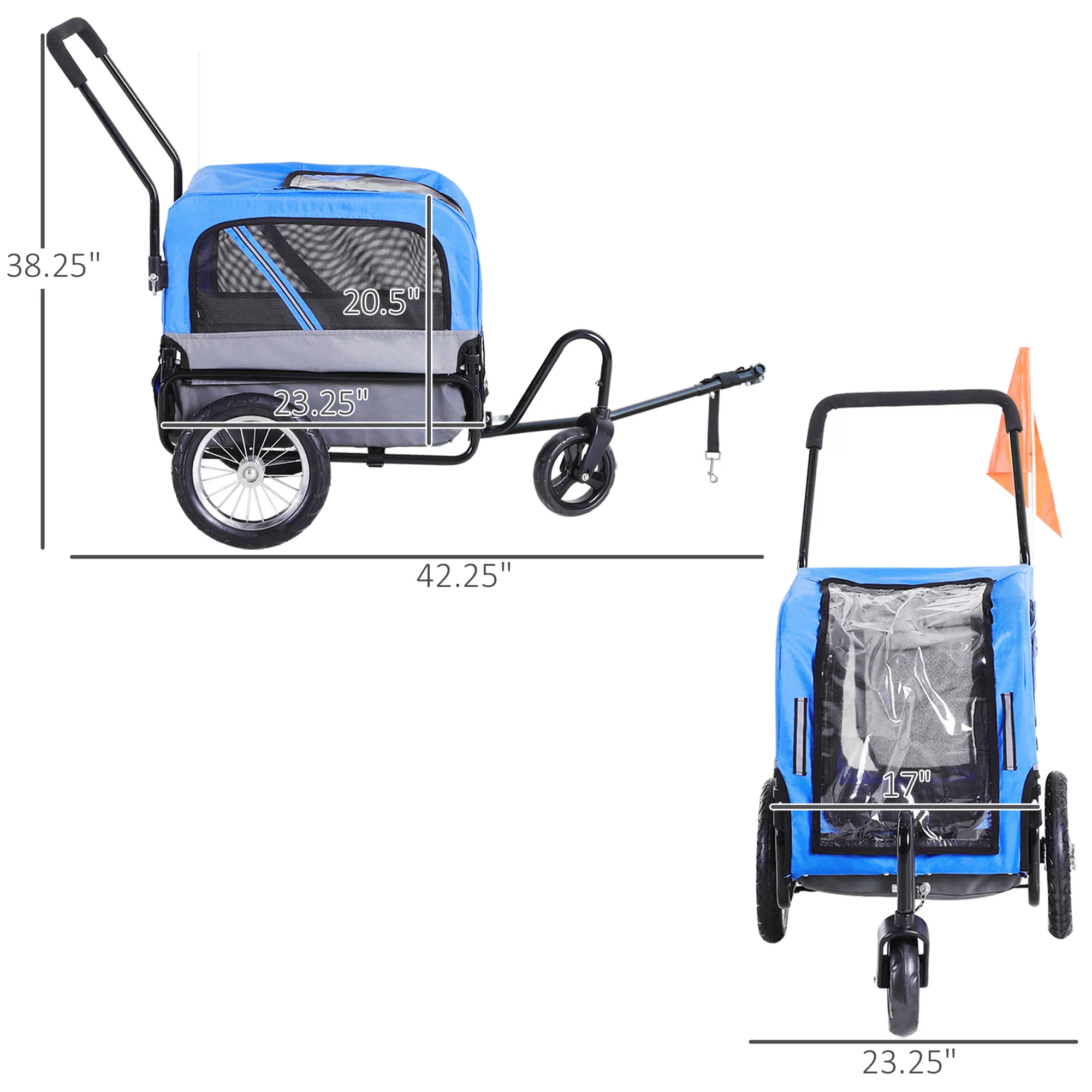 Aosom Elite-Jr 2-In-1 Dog Pet Bicycle Trailer, Jogging Stroller with 360-Degree Swivel Wheels & Large Easy Entry, Blue - Womvr