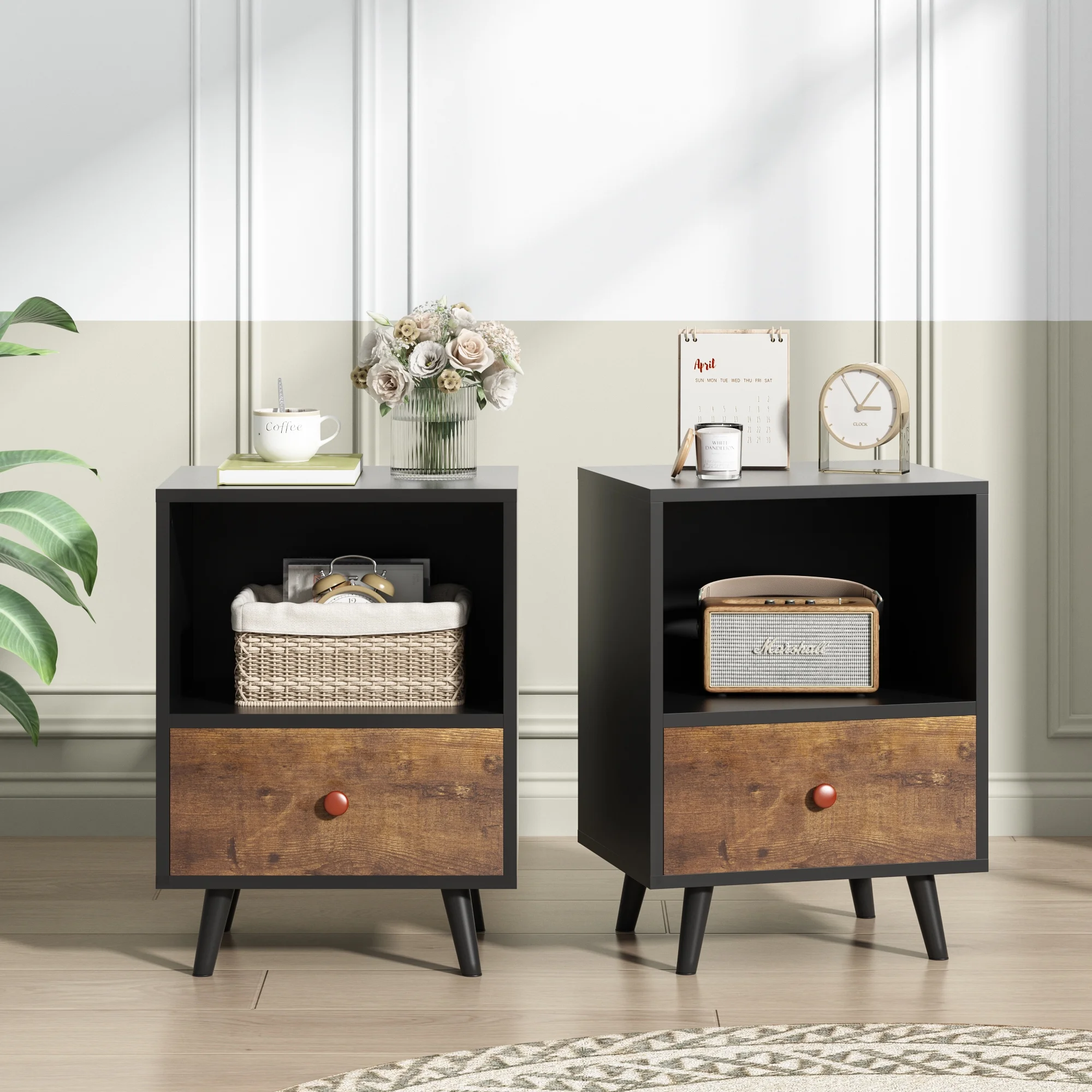 JAXPETY Nightstands Set of 2, Night Stand with 1 Drawer and Open Shelf Storage, End Table, Side Table, for Bedroom, Living Room, Natural Wood & White - Womvr