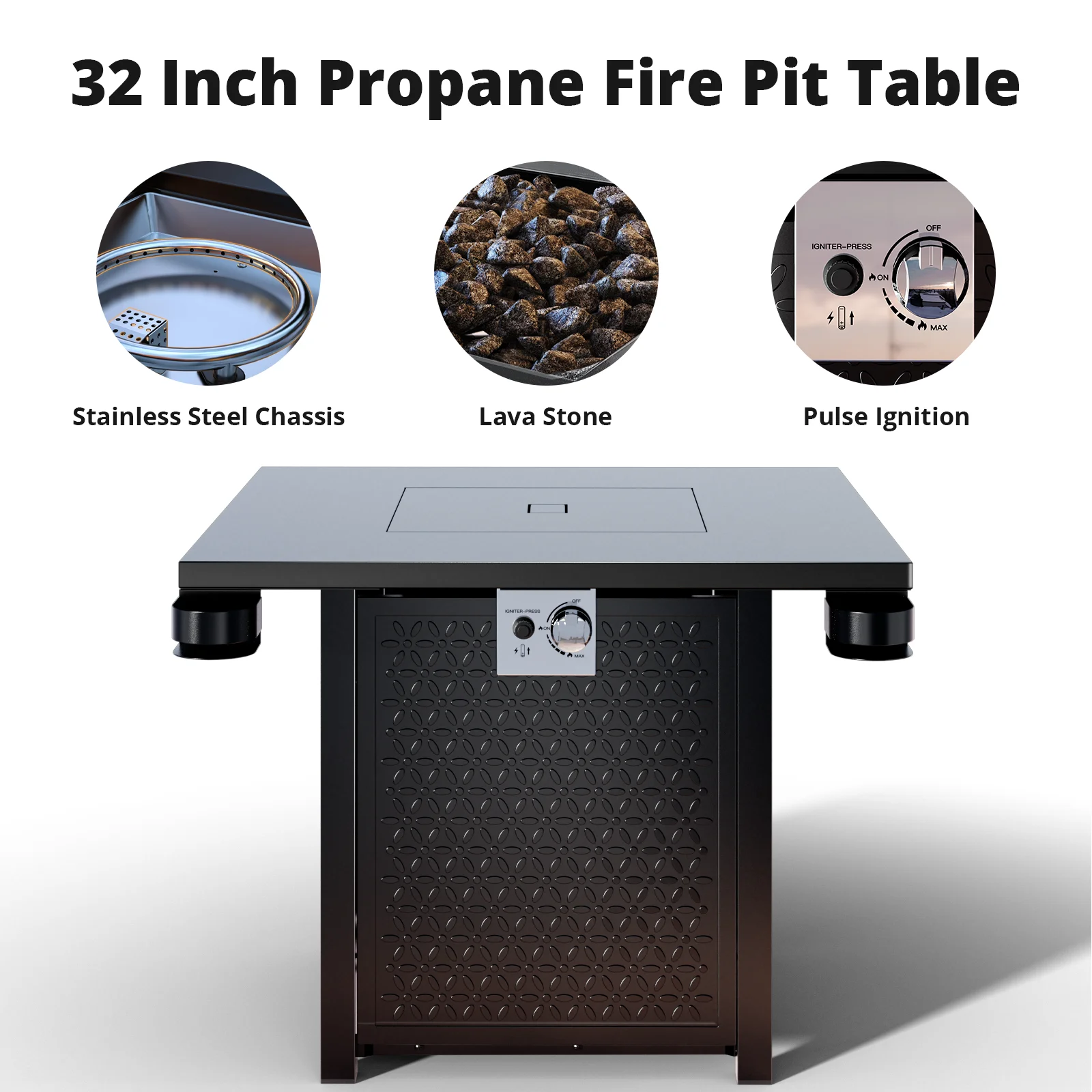 28 Inch Propane Fire Pits with Lid and Lava Rock, 50000 BTU Steel Gas Fire Pit Table for Outdoor - Womvr