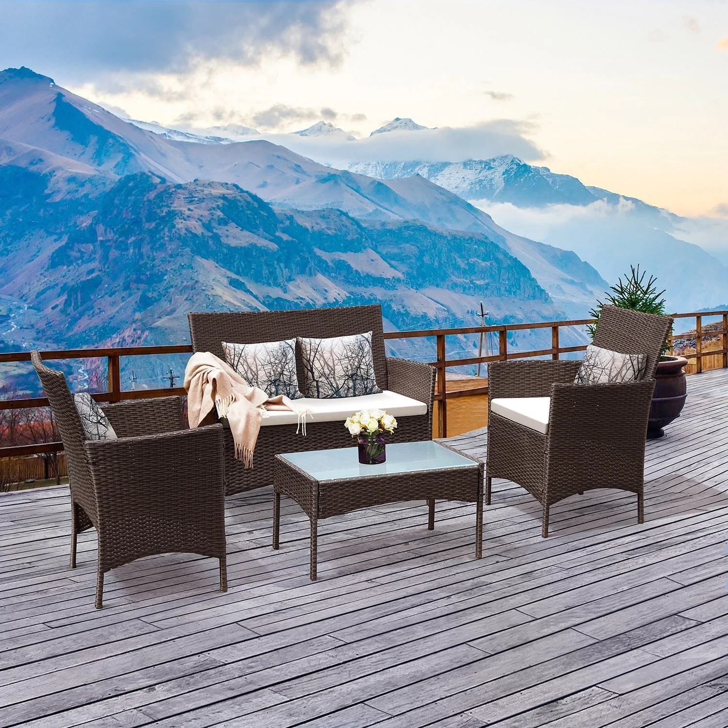 Costway 4PCS Patio Furniture Set Rattan Wicker Conversation Set Outdoor - Womvr