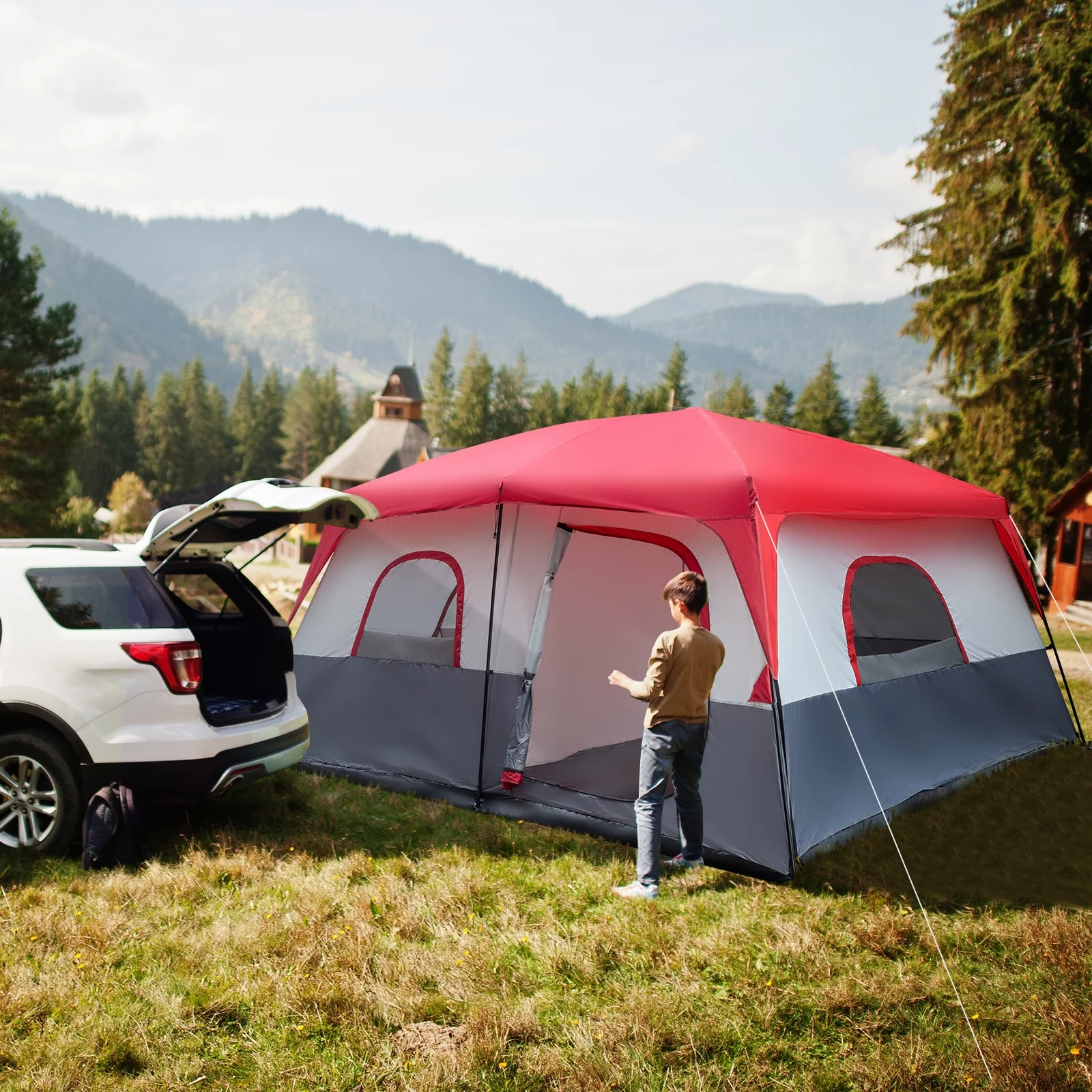 Zimtown Family Camping Tents 10 People Three Rooms Polyester Cloth Fiberglass Poles Dark Gray - Womvr