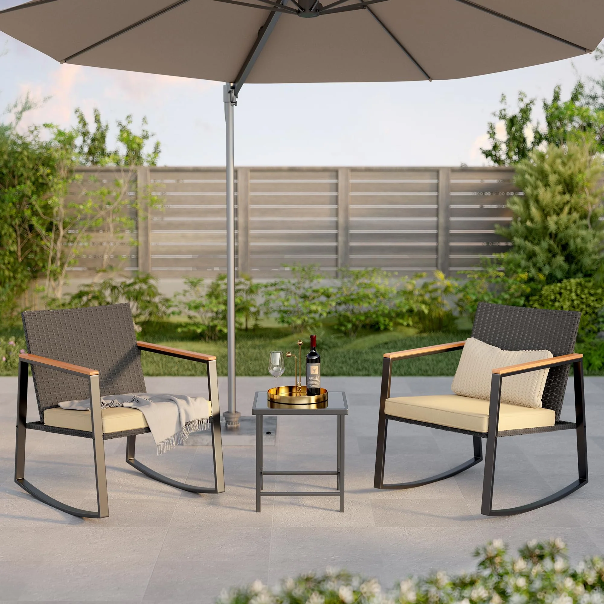 Lofka 3-Piece Patio Wicker Chairs Set with Glass Coffee Table, Outdoor Balcony Furniture Set with Blue Cushion - Womvr