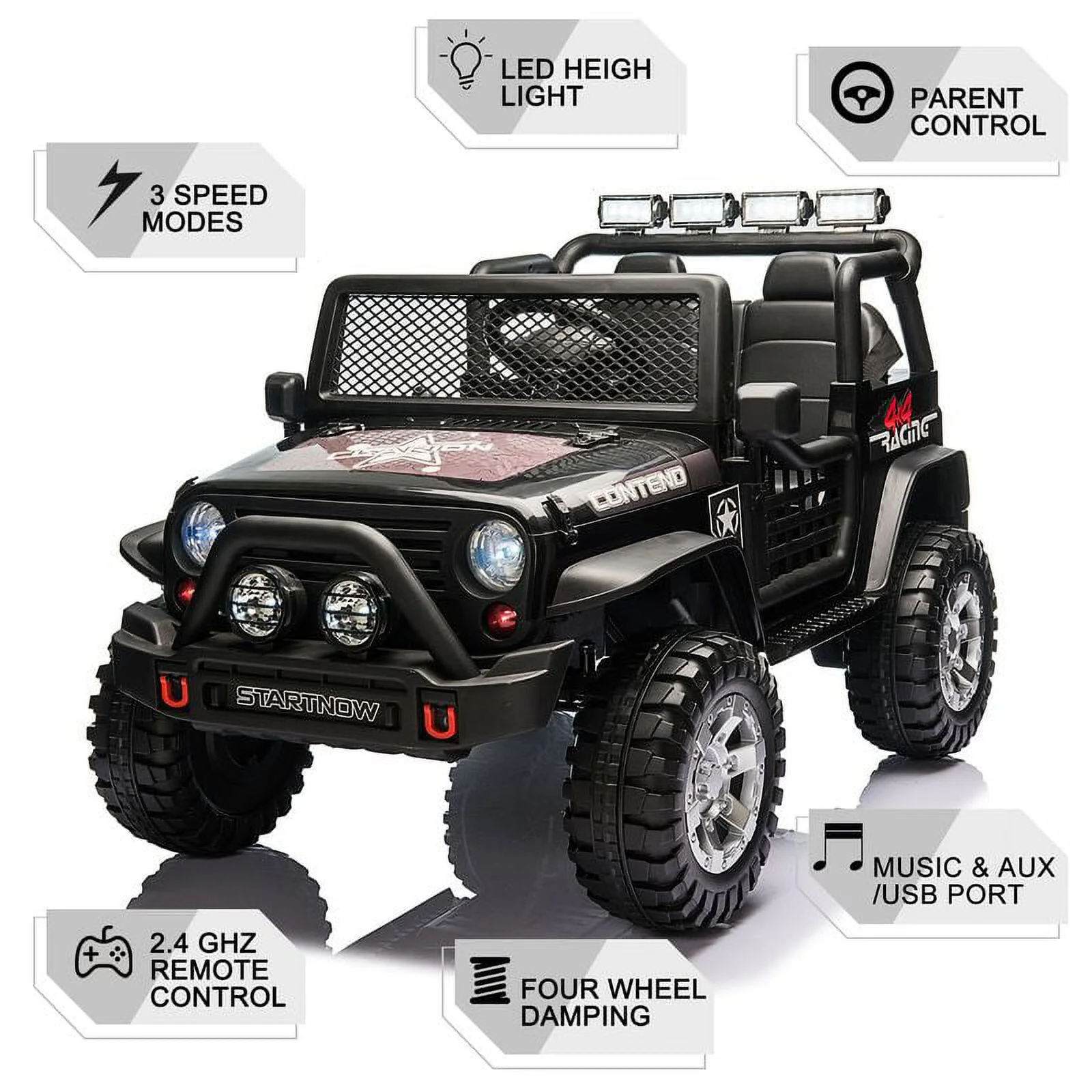 CAIDI 12 V Kids Ride On Truck, 2-Seater Battery Powered Toy Car w/ Remote Control, Spring Suspension, Bluetooth, LED Lights - Womvr