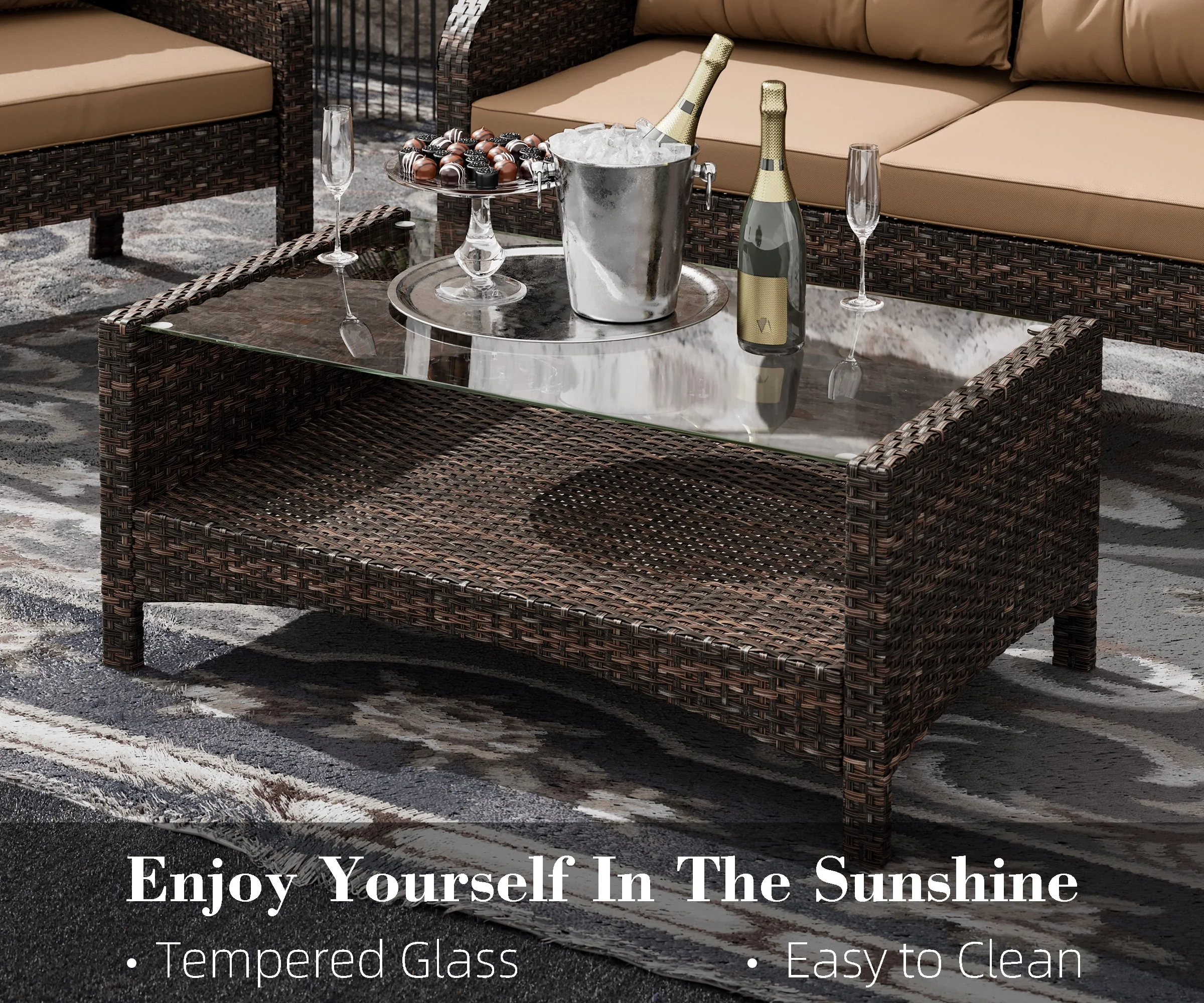 Bifanuo 4-Piece Patio Furniture Set Outdoor Rattan Wicker Sofa Set with Cushions & Coffee Table, Conversation Sofa Set with Tempered Glass Table Top - Womvr