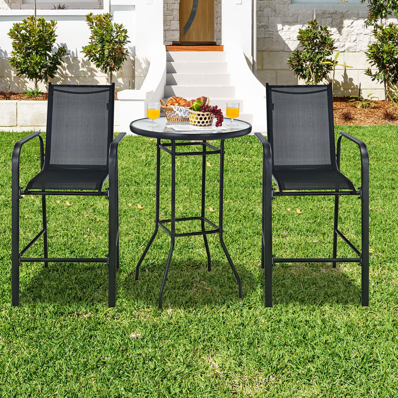 Giantex 3 Pieces Outdoor Patio Bar Set, Outdoor Bistro Set with 2 Bar Stools and 1 Tempered Glass Bar Table, Bar Height Patio Table and Stools Set for Backyard, Garden, Lawn (Black) - Womvr