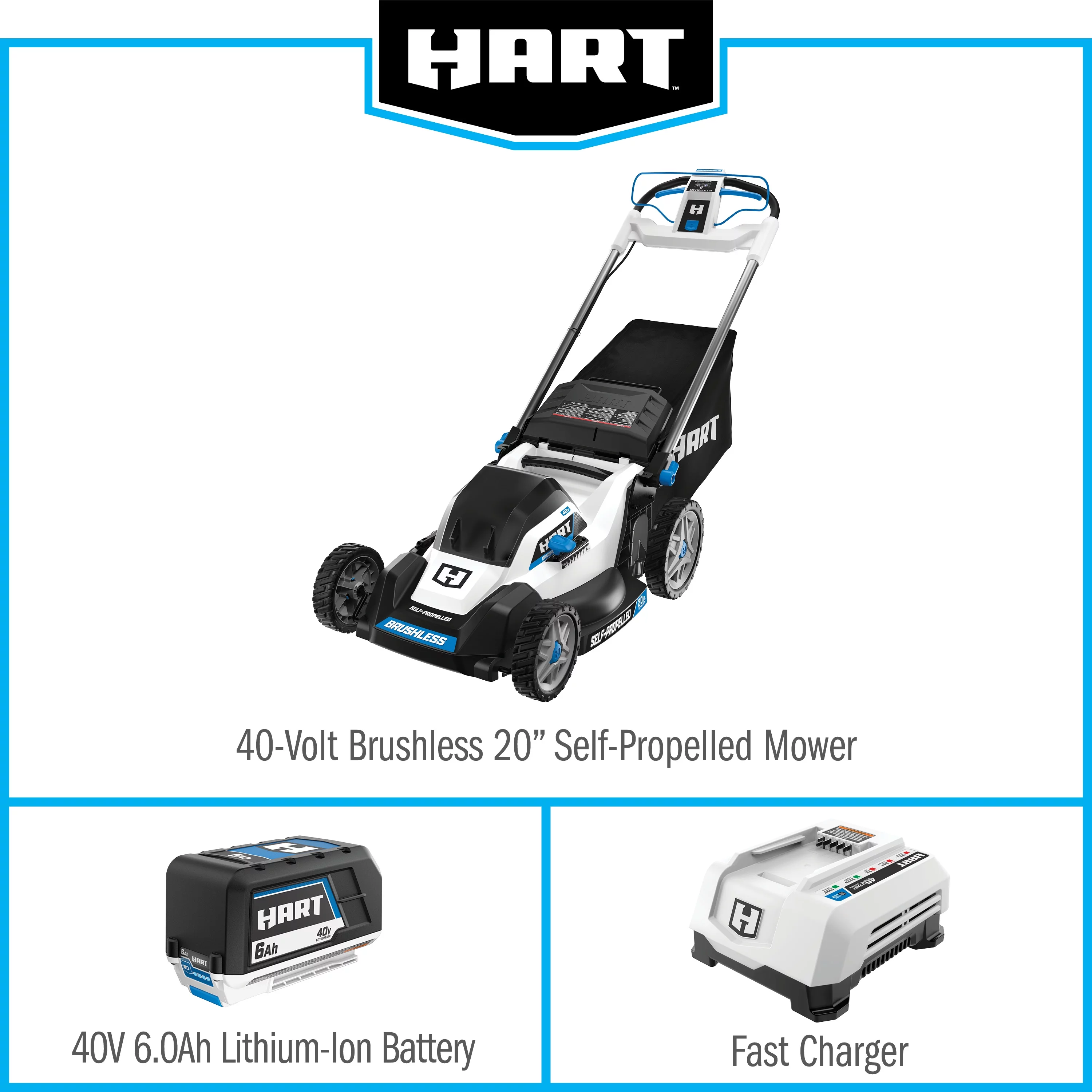 HART 40-Volt 20-inch Self-Propelled Battery-Powered Brushless Mower Kit, (1) 6.0Ah Lithium-Ion Battery - Womvr