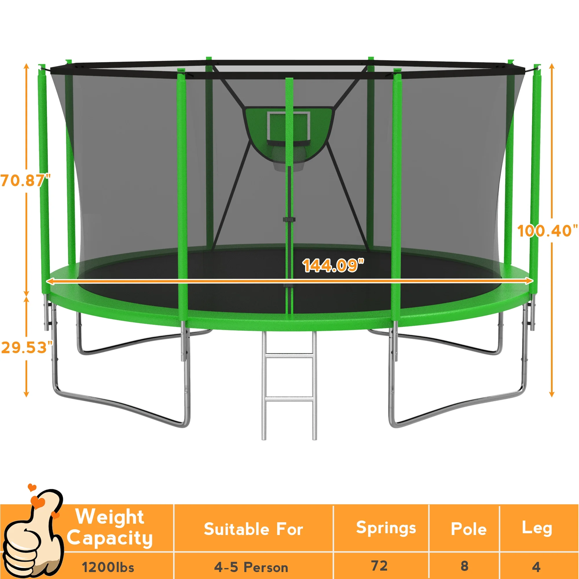 KOFUN Trampoline with Adjustable Basketball Hoop & Light, 1500lbs 10FT 12FT 14FT 16FT Trampoline for Adults and Kids, No Gap Design Backyard Trampoline with Enclosure Net, Ladder, Green - Womvr