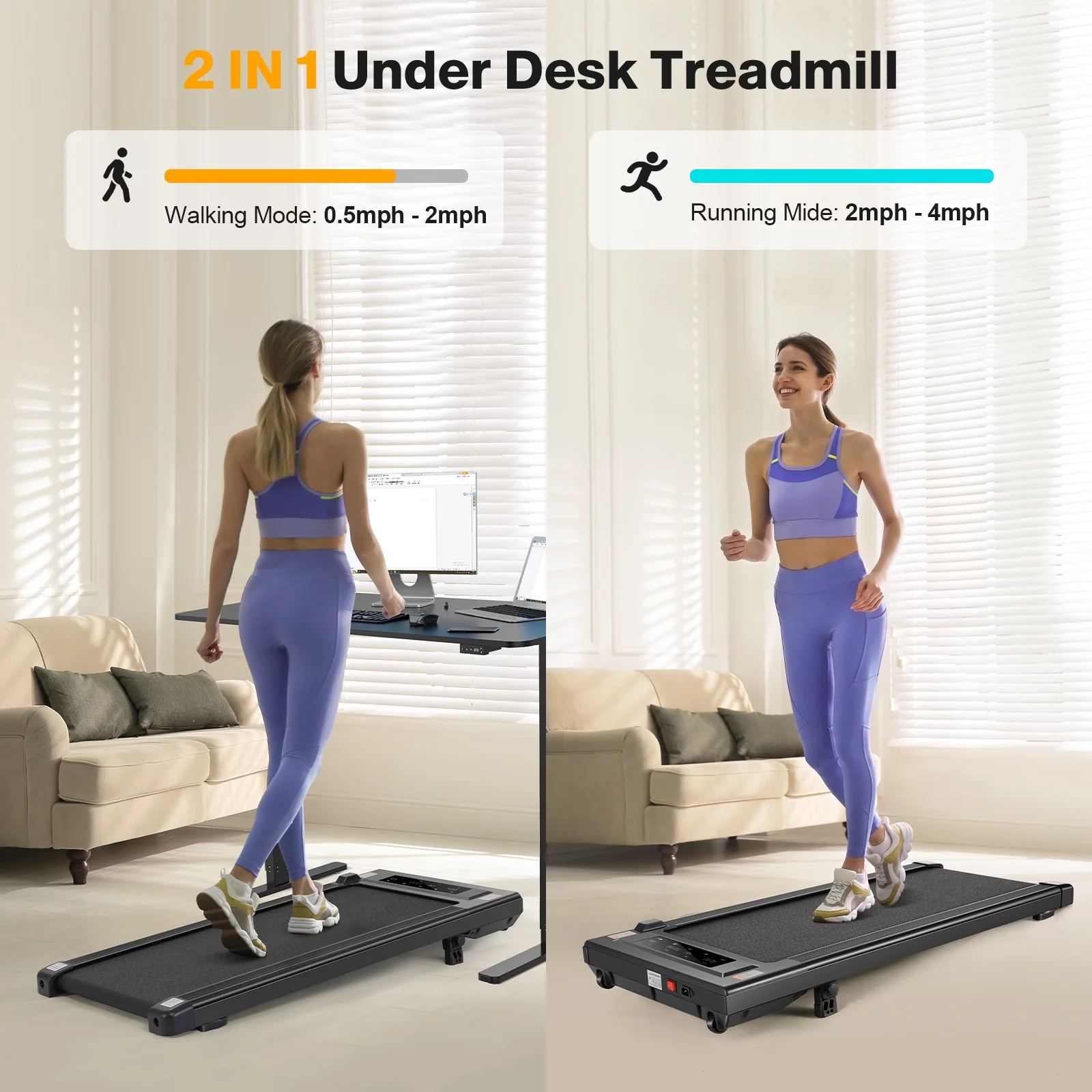 Tikmboex 2.5HP Walking Pad Under Desk Treadmill with Incline LED Touch Screen Remote Control, 2 in 1 Compact Treadmill for Home Office, Black - Womvr