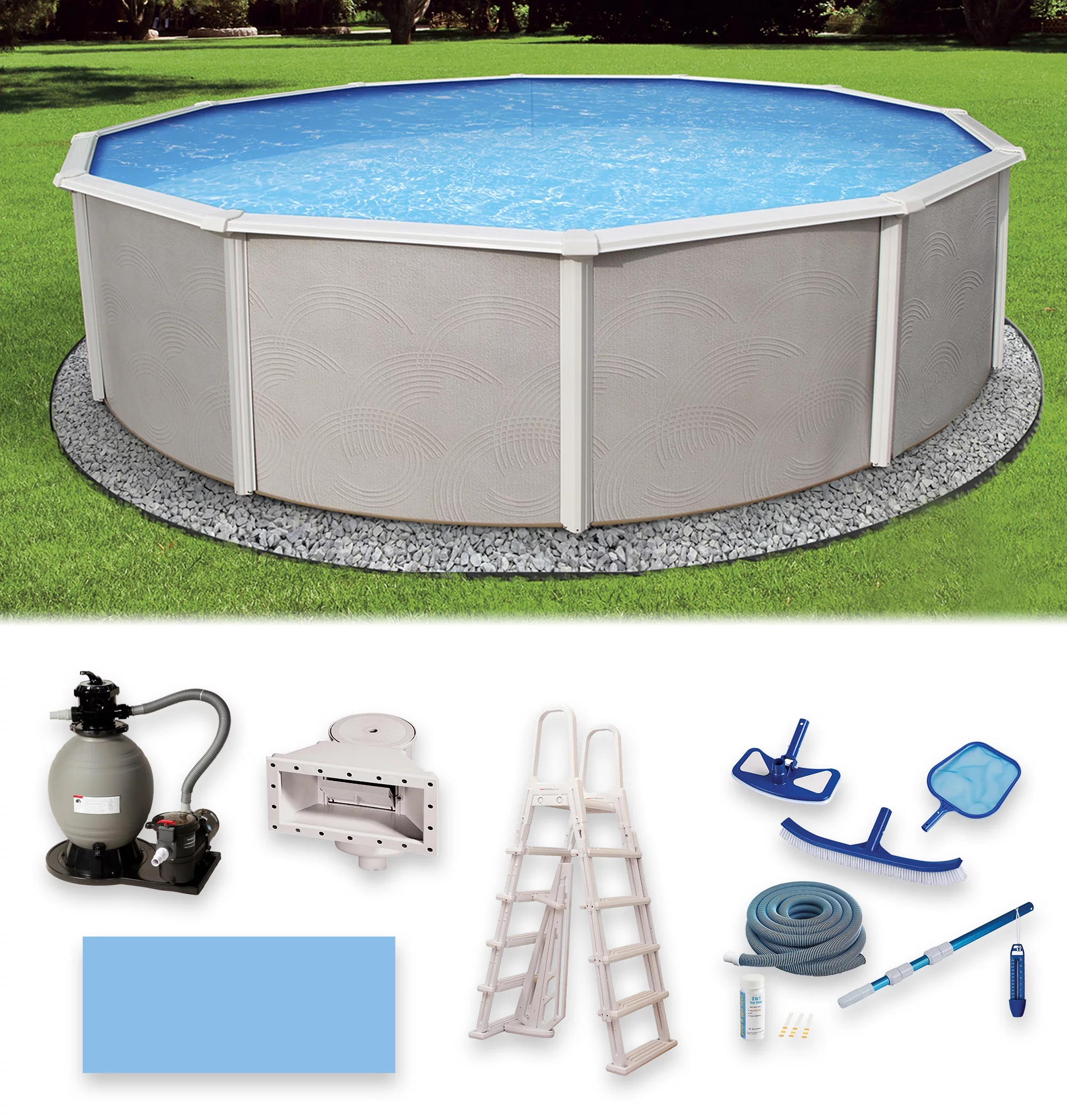 Belize 27-ft Round 52-in Deep 6-in Top Rail Metal Wall Swimming Pool Package - Womvr