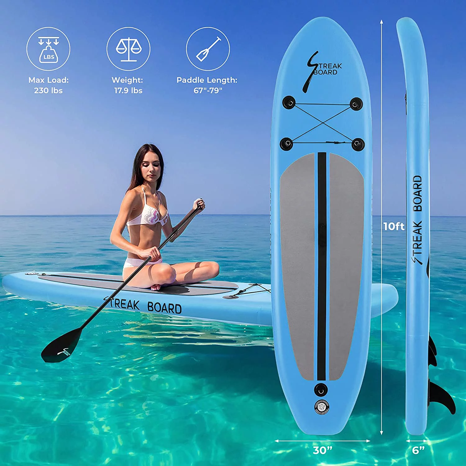 streakboard Inflatable Paddle Board Stand Up Paddle Board SUP with Complete Kit Non-Slip Deck - Womvr