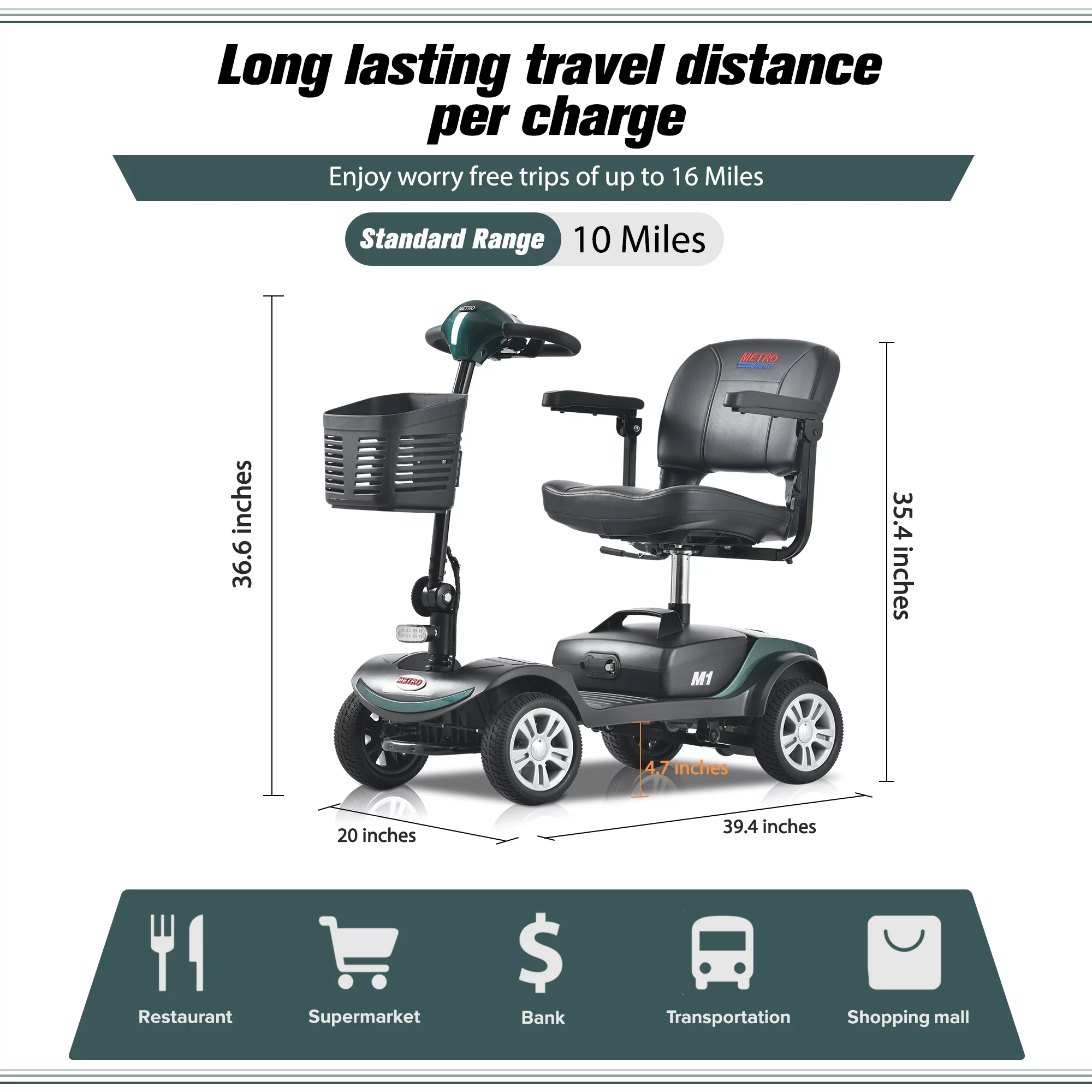 Electric Mobility Scooter for Adults and Seniors - 300 lbs Max Weight, 4-Wheel Powered Mobility Scooters Wheelchair Device for Travel, Elderly (with Head Light-White) - Womvr