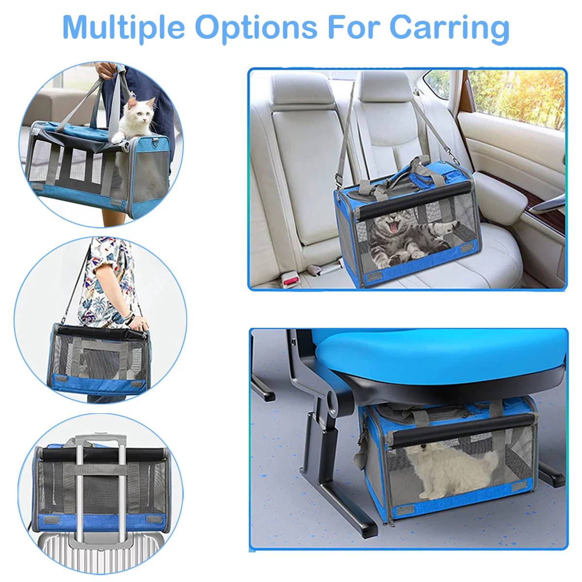 Cat Carrier, Soft Sided Cat Carriers for Large Small Medium Dogs Cats Under 25lbs, Foldable Pet Travel Carrier with a Bowl/Washable Pad, TSA Airline Approved, Blue - Womvr