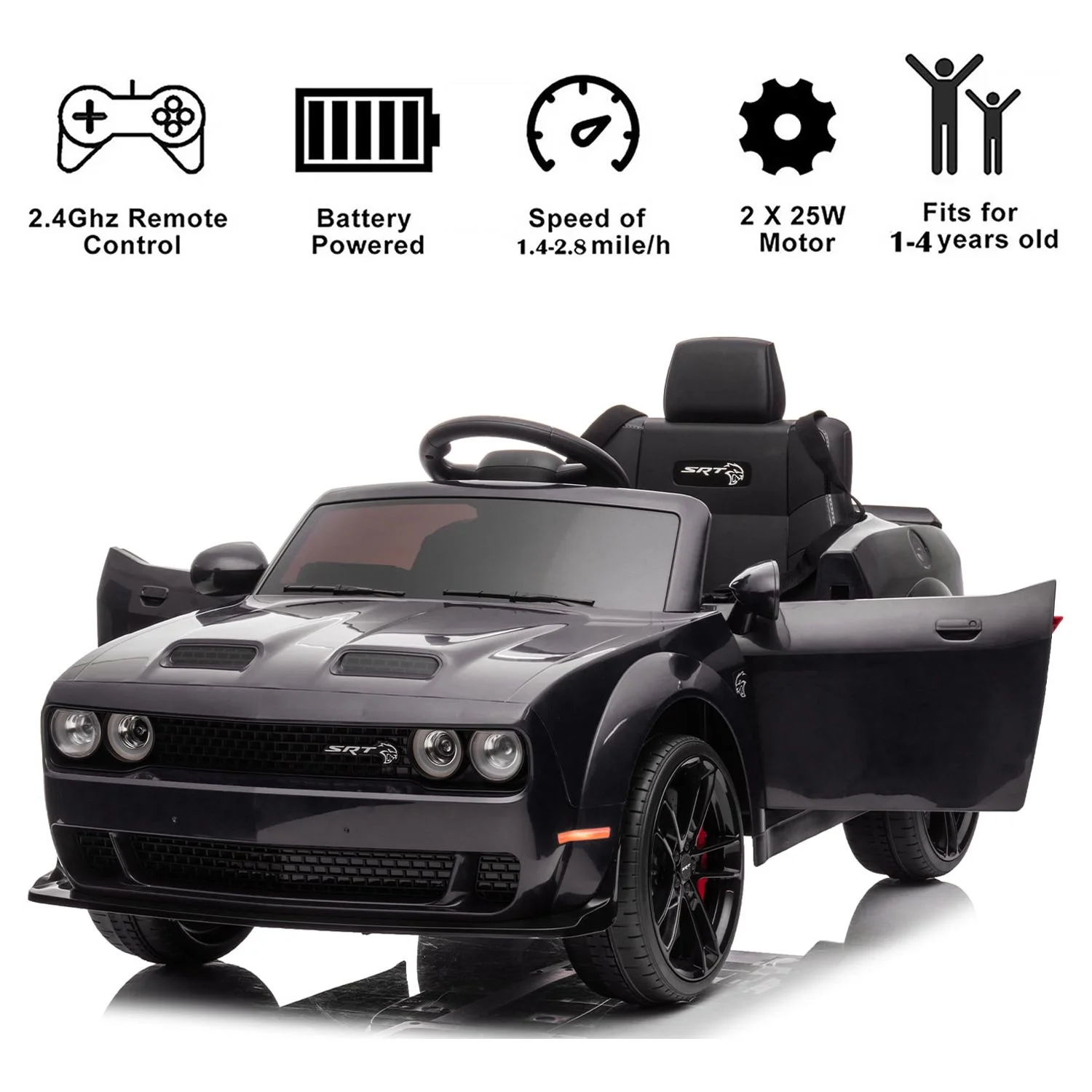 Dodge Challenger 12 V Powered Ride On Car with Remote Control, SRT Hellcat Toys for Kids, Black - Womvr