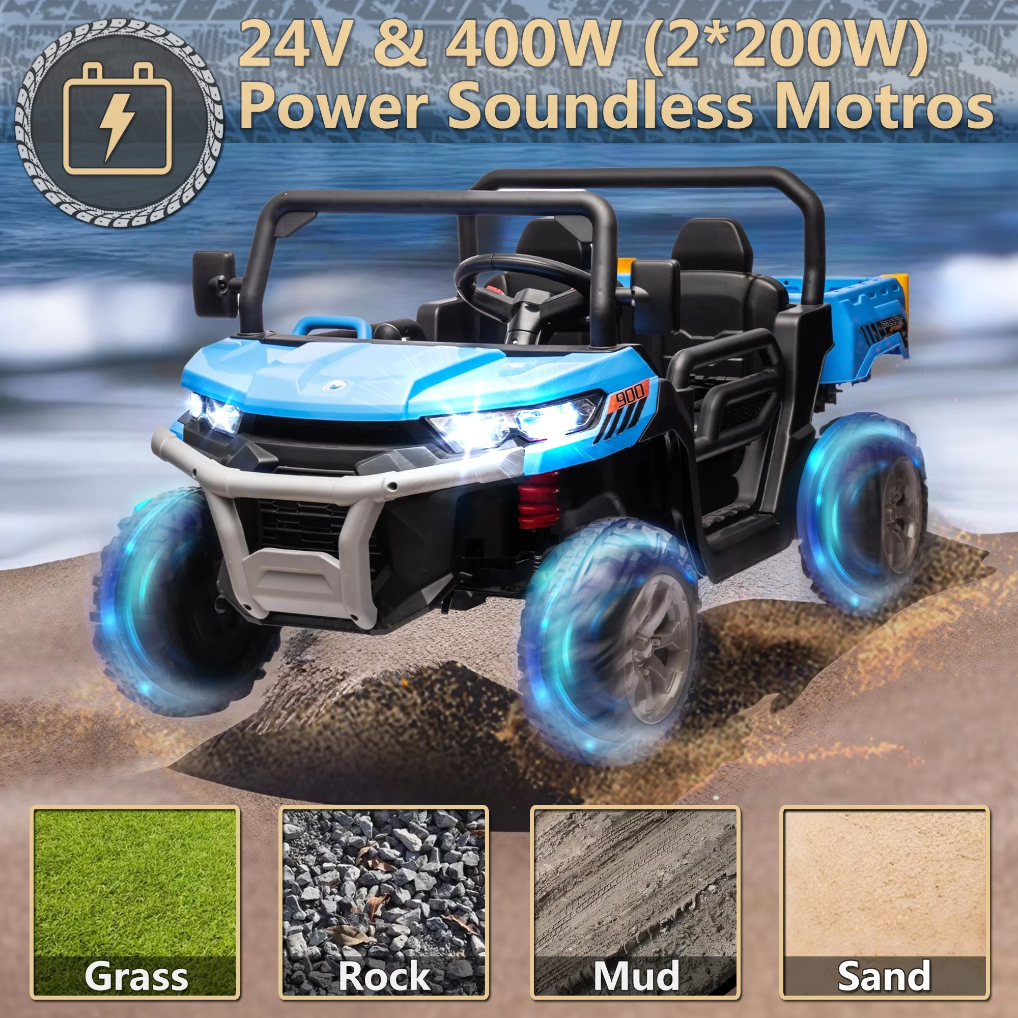 24V 2 Seater Ride on Toys, Ride On UTV with 2x200W Motor Ride On Dump Truck, Ride On Car with Dump Bed/Shovel, Electric Vehicle with Rubber Tires, LED Light, Music, Remote Control, Black - Womvr