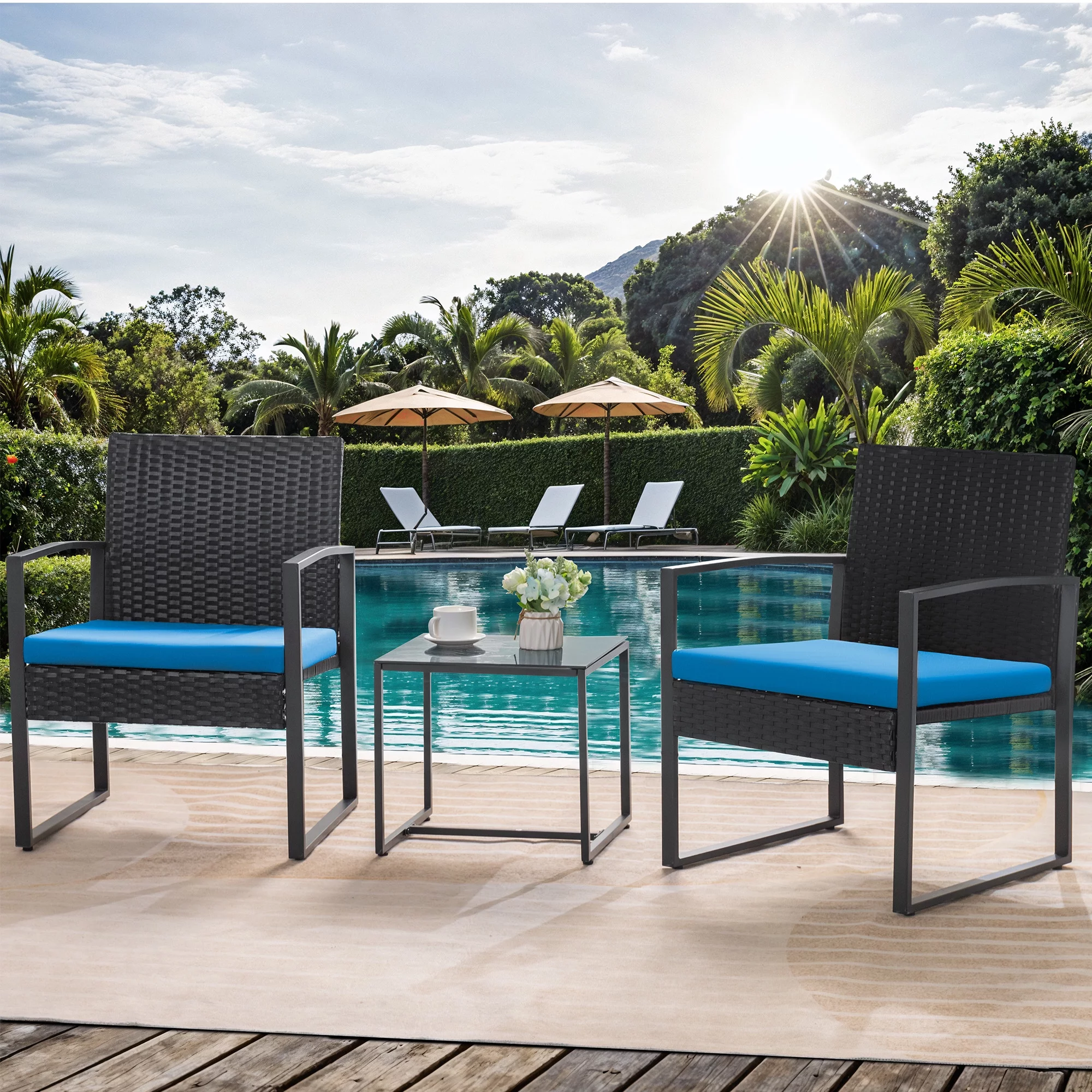 Homall Patio Furniture 3-Piece Set Casual Wicker Chair Bistro Chair with Coffee Table, Black - Womvr