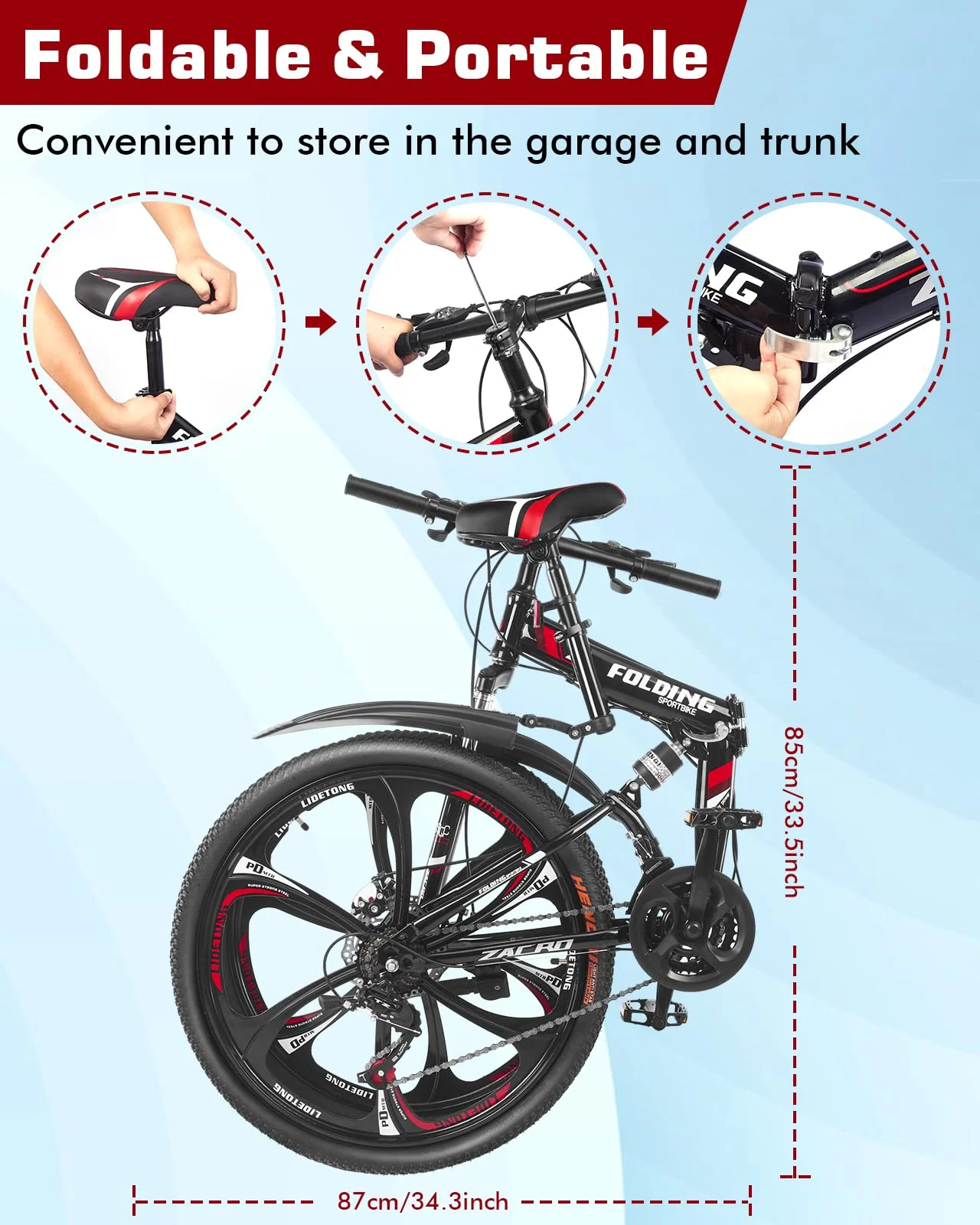 Zacro 26 Inch Folding Mountain Bike, 24 Speed Dual Disc Brake Alloy Wheels MTB Bicycle for Men Women Adults Youth, Blue - Womvr