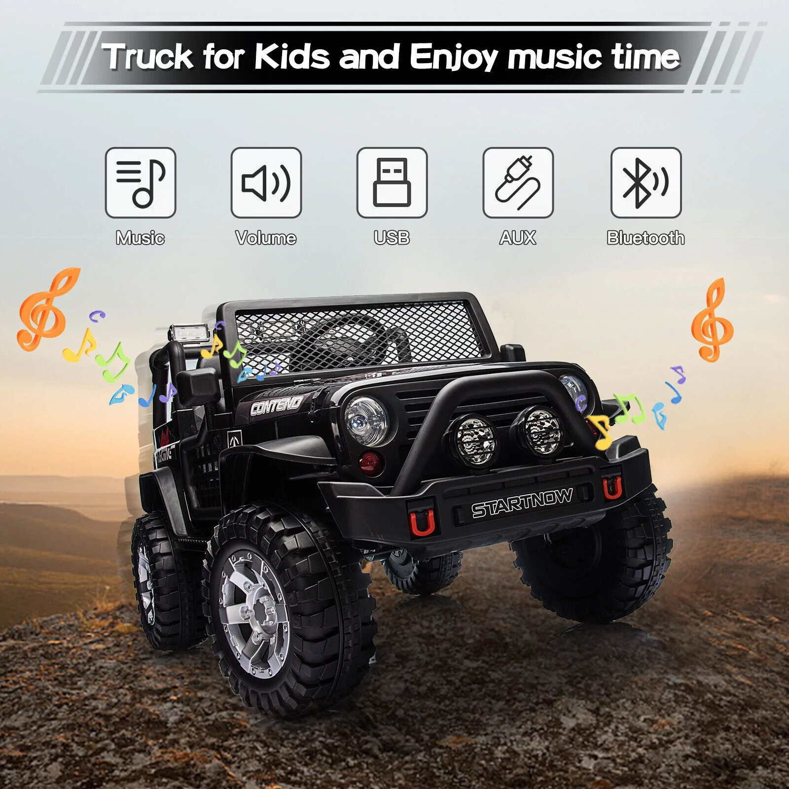Dazone 12V Kids Ride on Jeep Car, Electric 2 Seats Off-road Jeep Ride on Truck Vehicle with Remote Control, LED Lights, MP3 Music, Black - Womvr